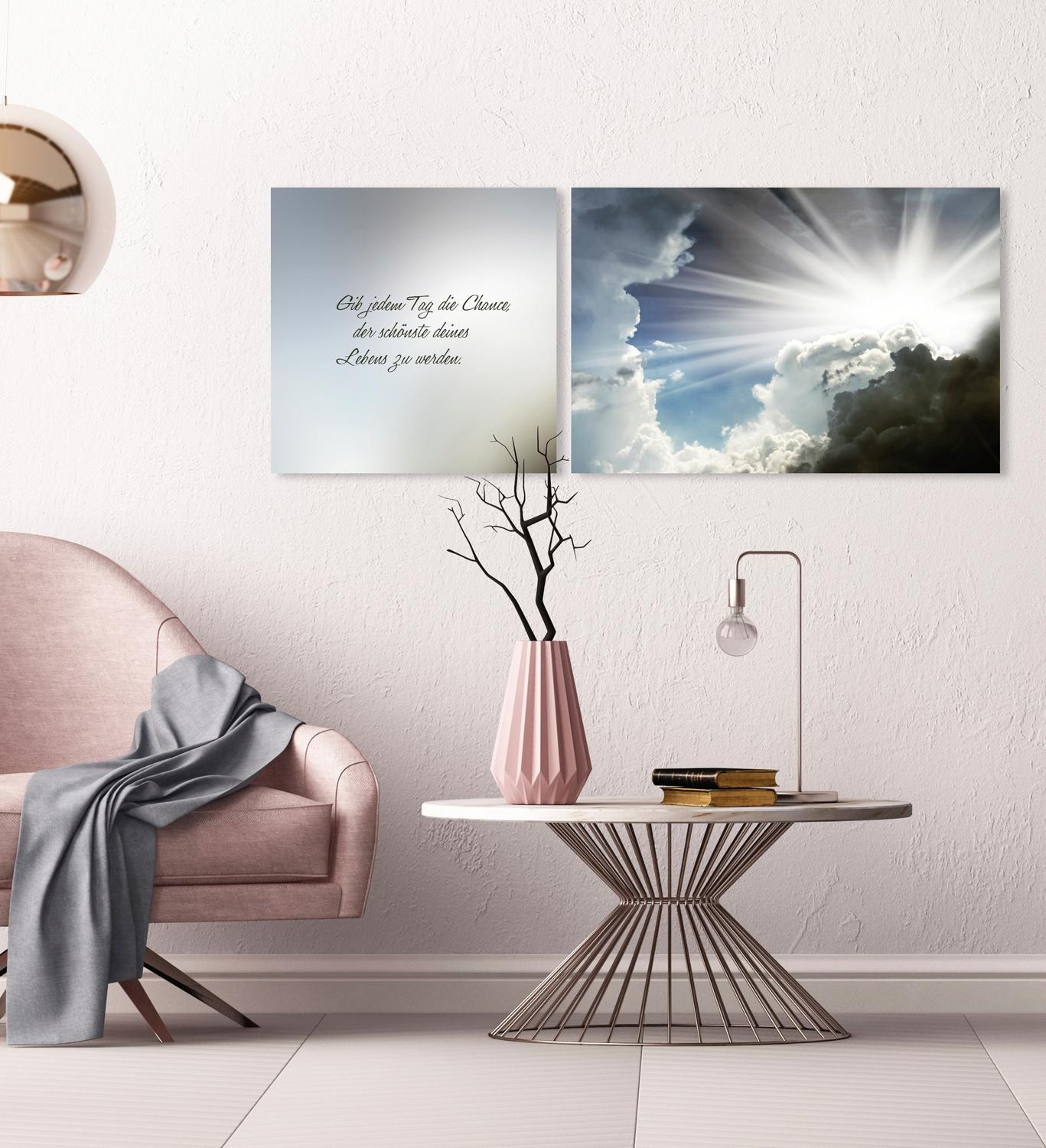 queence Leinwandbild »Schönste Tag des Lebens«, Himmel-Himmelsbilder-Kunst-Modern-Spa-Spa Bilder-Sprüche-Sprüche & Texte-Schriftzug-Schriftzüge-Liebessprüche-Sonnenaufgang, (Set), Premium-Leinwandstoff, Handarbeit aus Deutschland, Zitat, 2er Set