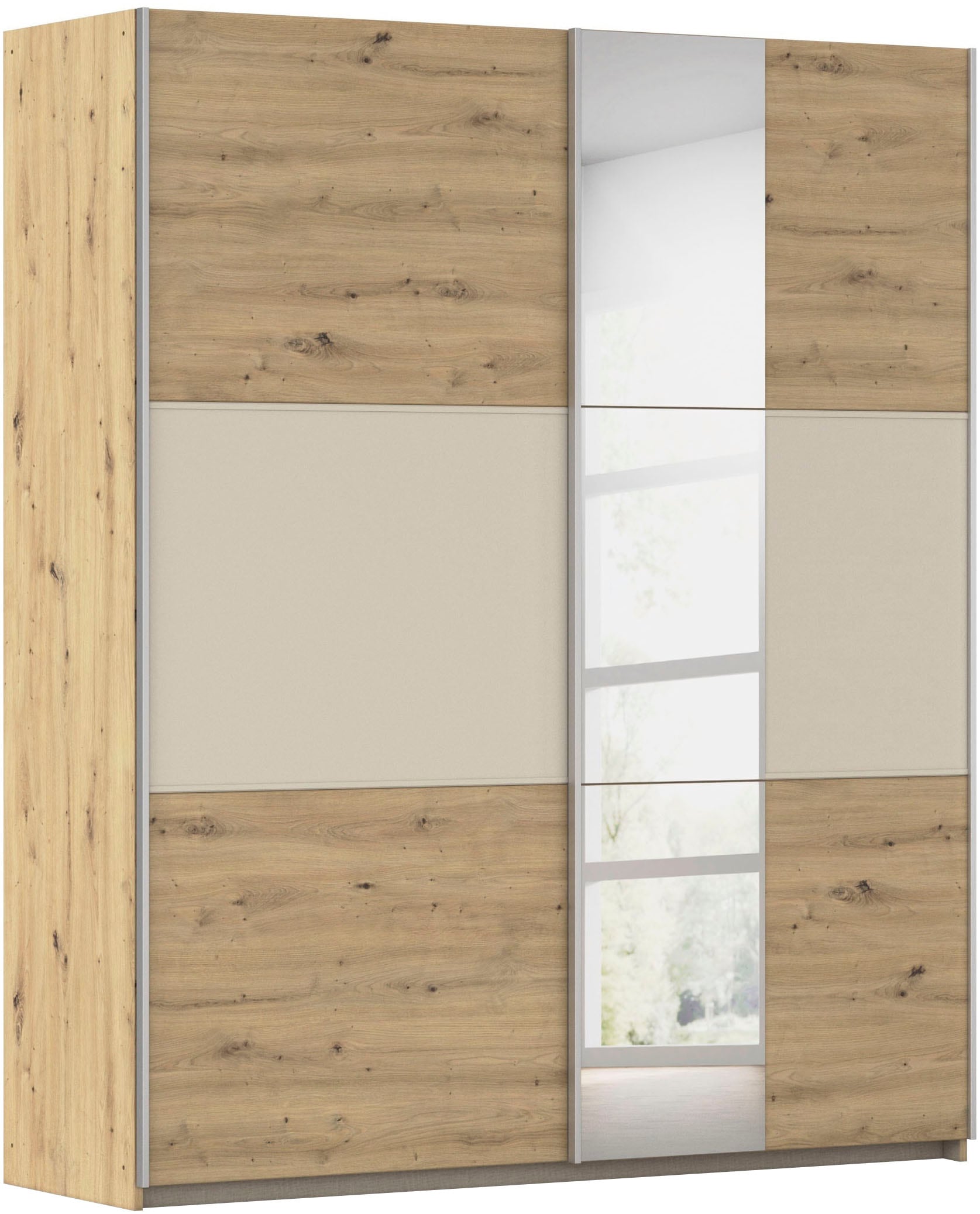rauch Schwebetürenschrank »Kleiderschrank Schrank Garderobe  ASTANA« 3 Ausstattungen BASIC/CLASSIC/PREMIUM (inkl. SOFT-CLOSE-FUNKTION),  mit 3 Spiegelelementen, Metallgriffleisten alufarbig MADE IN GERMANY