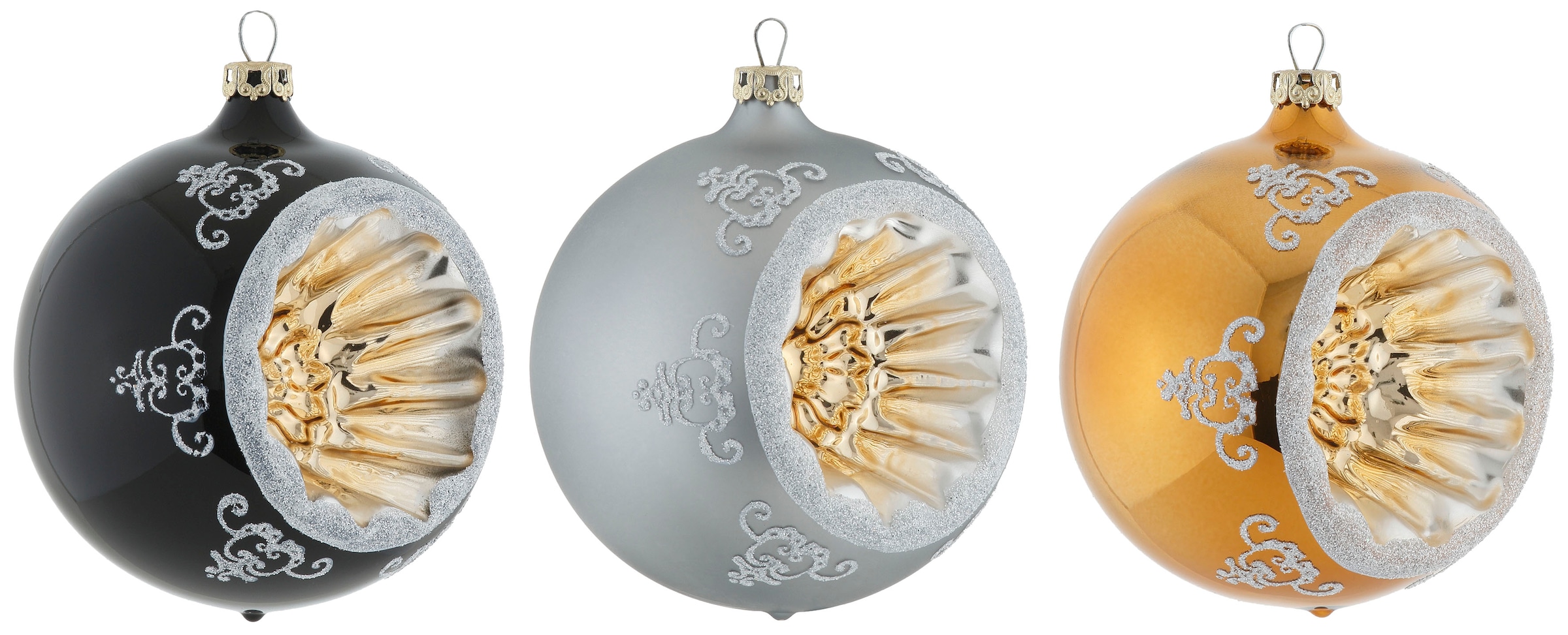 Thüringer Glasdesign Weihnachtsbaumkugel »Black&White&Gold, Weihnachtsdeko, Christbaumschmuck«, (Set, 3 St.), hochwertige Christbaumkugeln aus Glas, Refelexkugeln