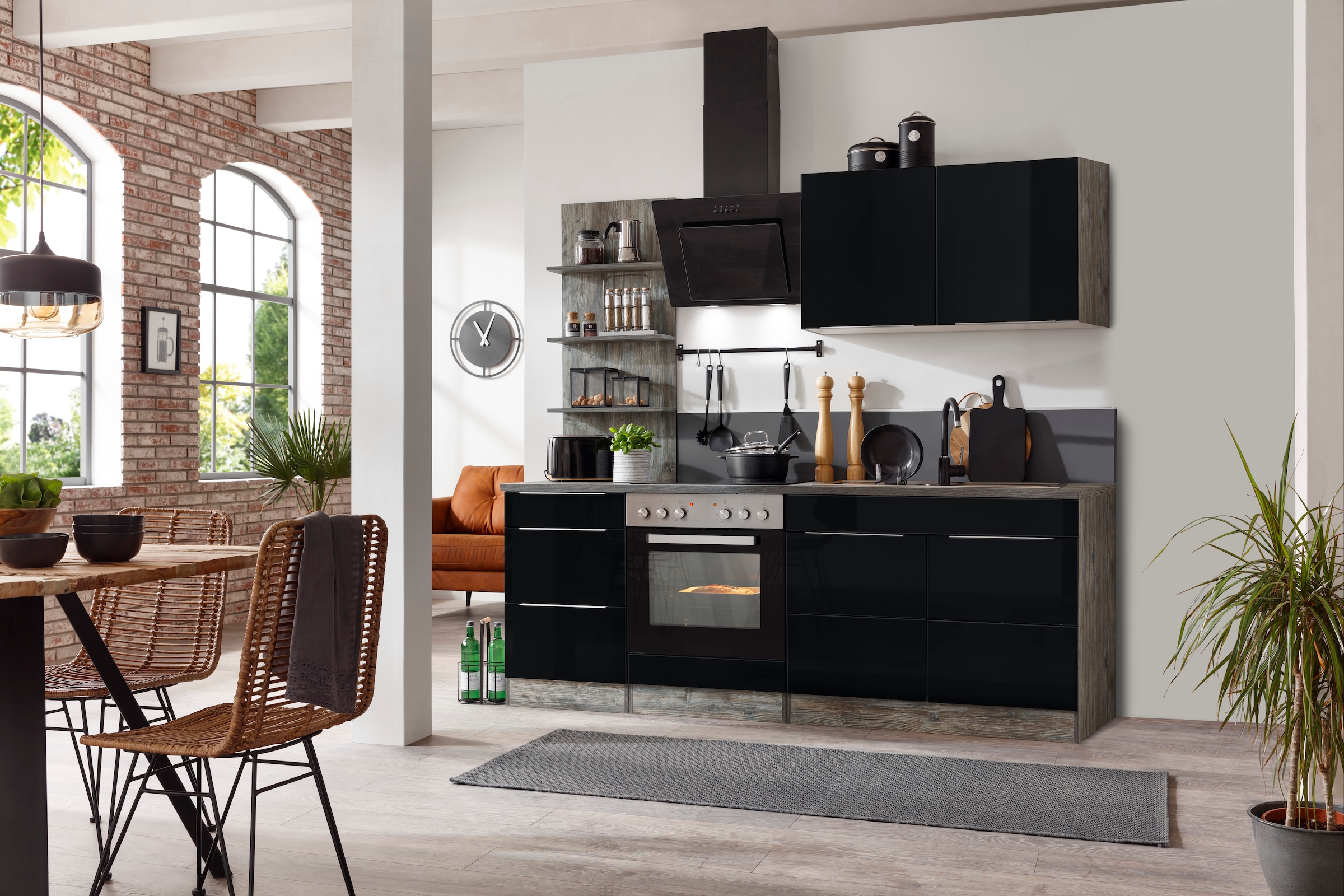 KOCHSTATION Küchenzeile »KS-Brindisi« Breite 210 cm, wahlweise mit E-Geräten, mit MDF-Fronten und Regal