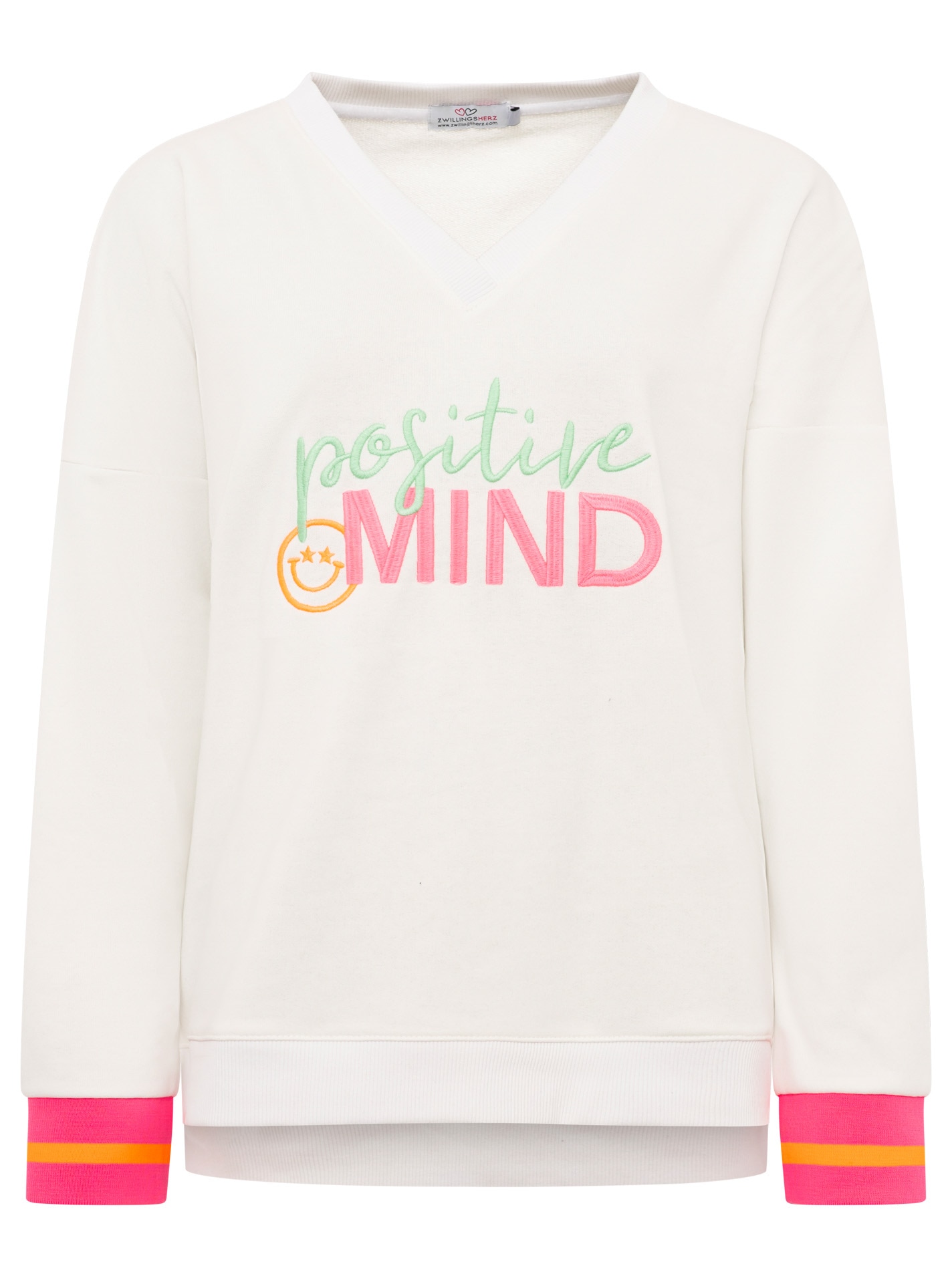 Zwillingsherz Hoodie »"Positive Mind"«, neonfarbenen Bündchen, V-Ausschnitt, Seitenschlitze, Langarm
