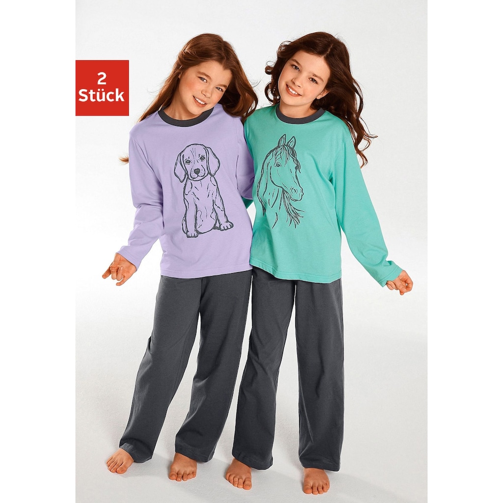 Vivance Pyjama, (2 tlg., 2 Stück), Oberteile in schönen Farben mit Tierdruck