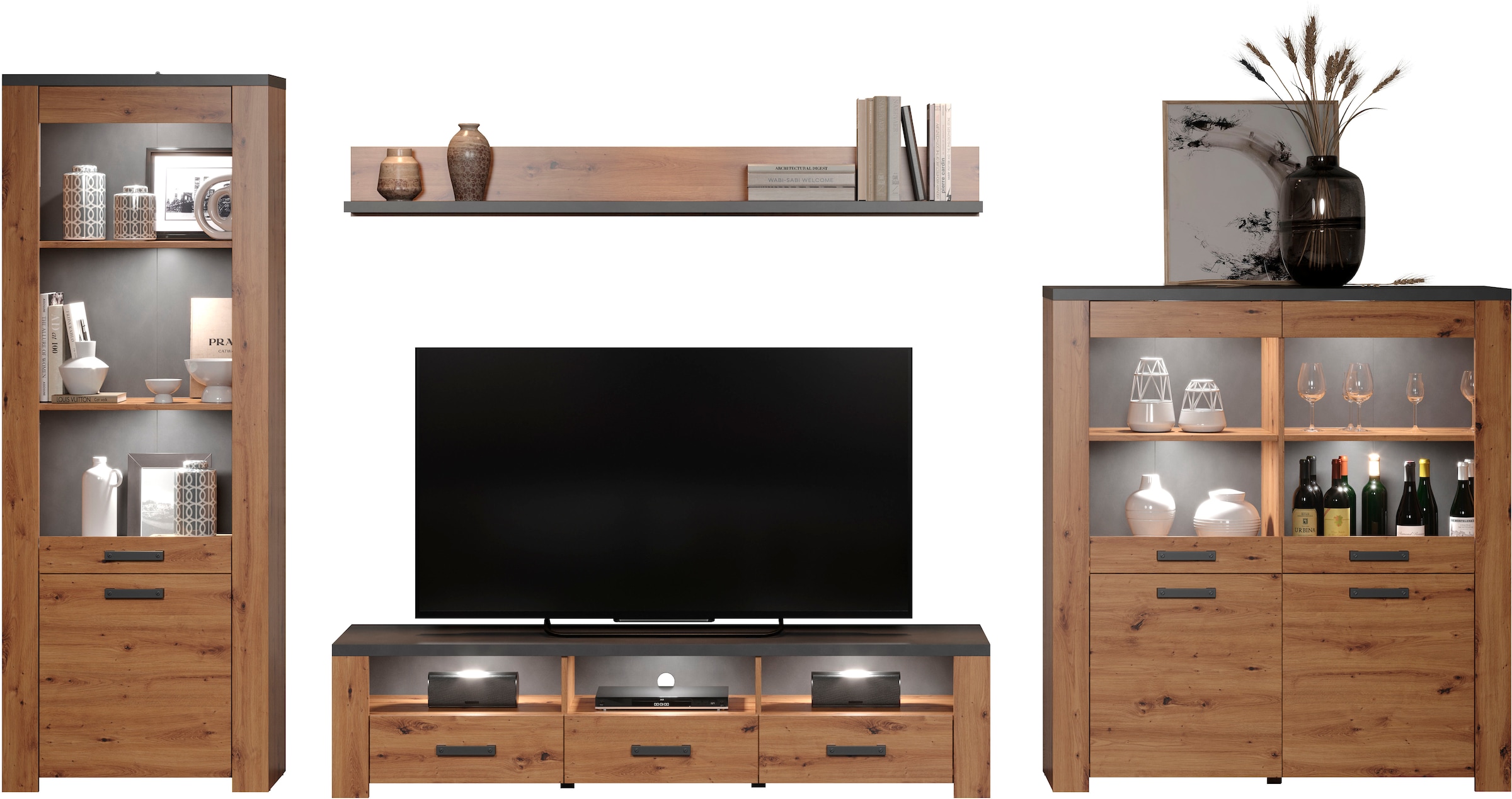 Home affaire TV-Wand »Ambres«, (4 St.), Modernes TV SET, Echtholzoptik, Breite ca. 409 cm, matt
