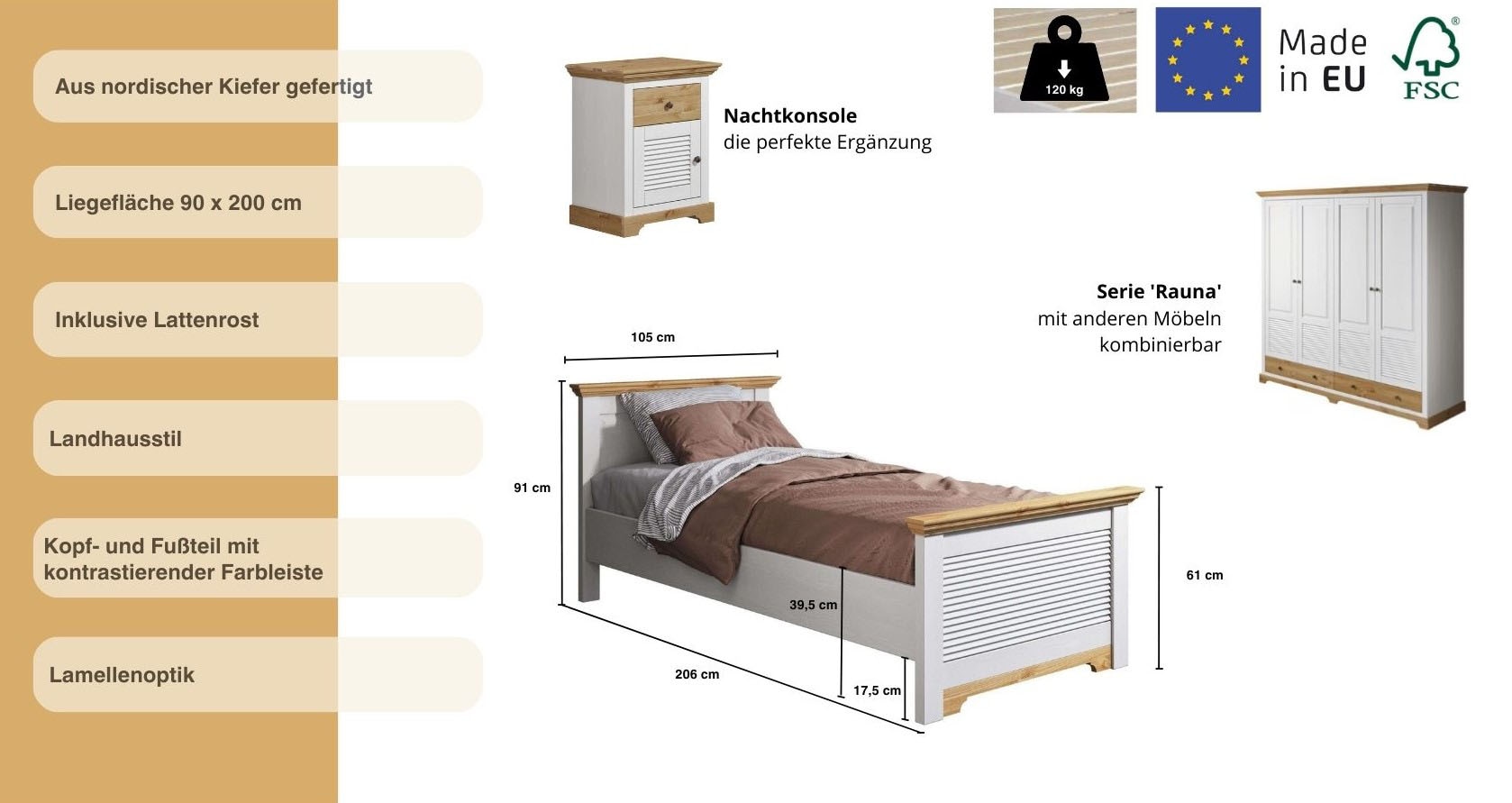 Home affaire Bett »Rauna, Landhausstil, edles Design mit Lamellen und Kassetten, 2 Farben«, (Breite/Belastbarkeit 180cm=220 KG, 90cm=120KG), FSC® zertifiziertes Kieferholz, massive Qualität mit Lattenrost
