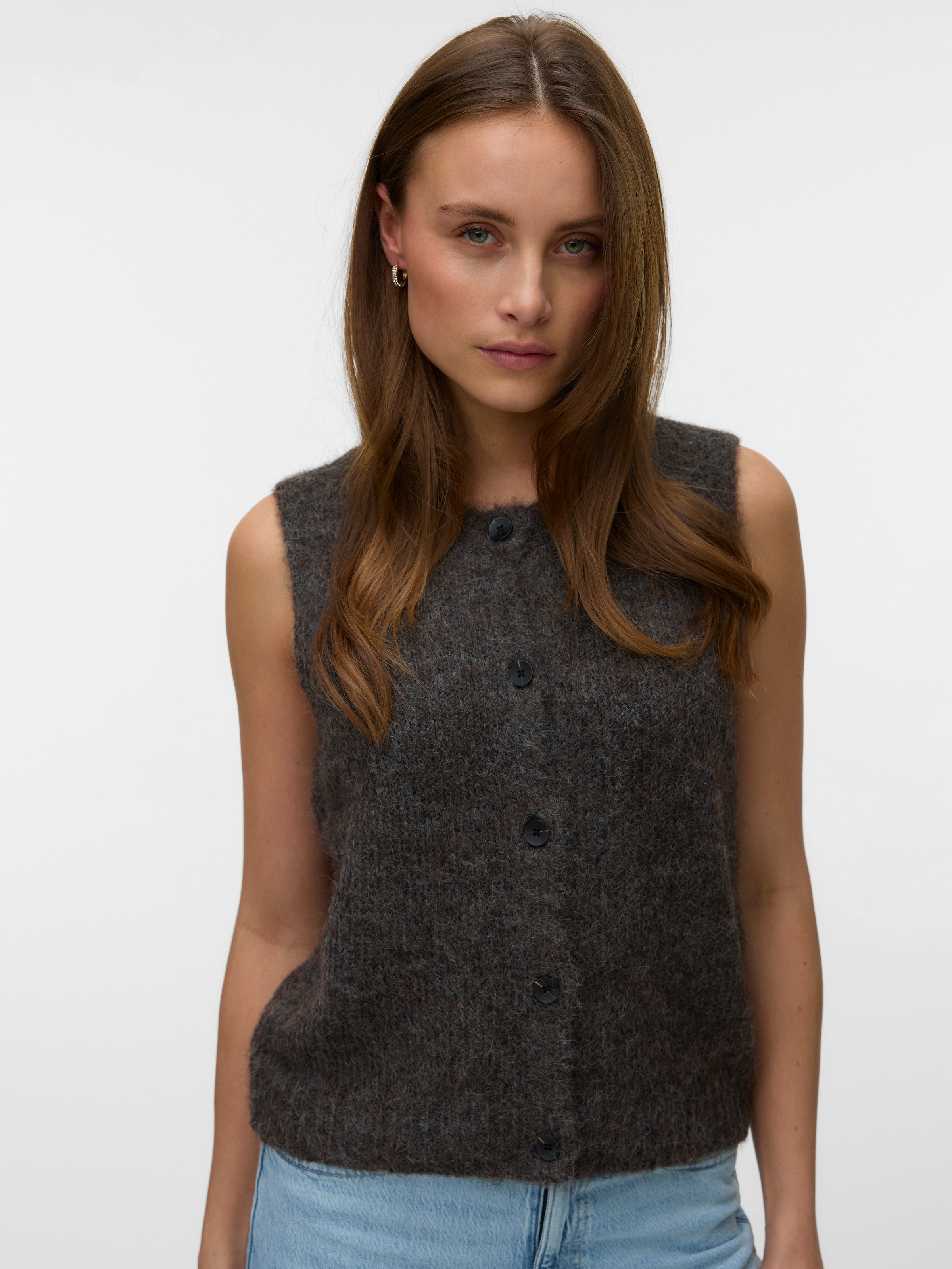 Vero Moda Strickweste »VMNOVAH SL O-NECK BUTTON VEST NOOS« Materialmix, loose fit