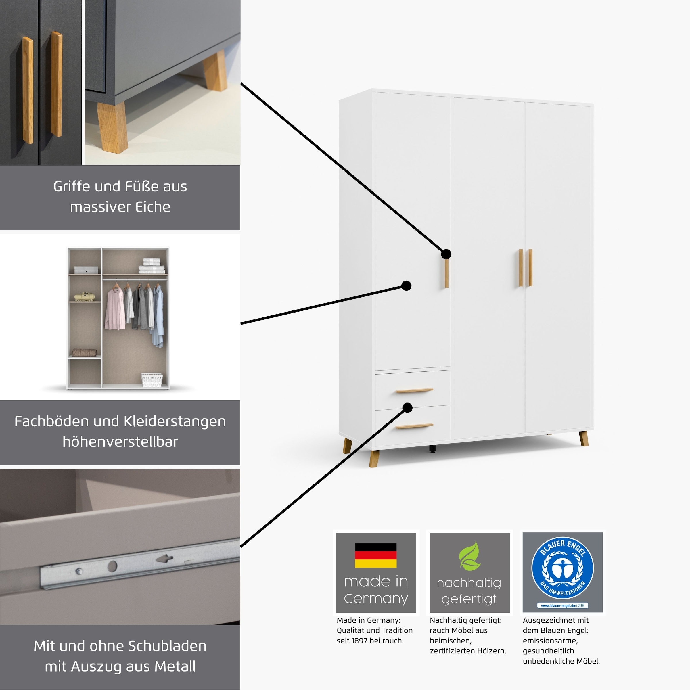 rauch Drehtürenschrank »Kleiderschrank Schrank Garderobe Wäscheschrank SHINJO«, Griffe und Füße aus Massivholz mit 2 Schubladen MADE IN GERMANY