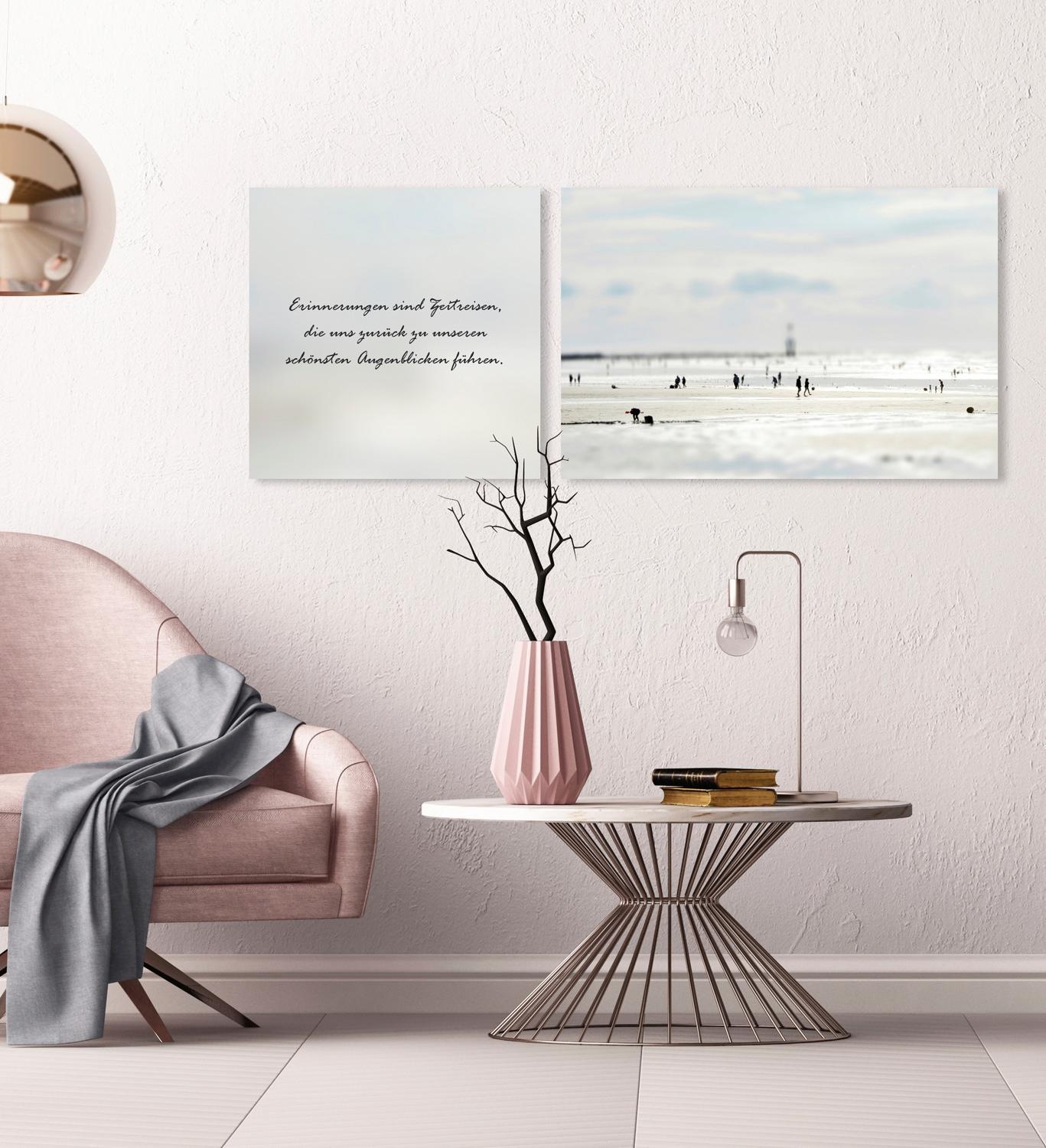queence Leinwandbild »Zeitreisen«, Menschen-Meer-Meer Bilder-Kunst-Modern-Spa-Spa Bilder-Sprüche-Sprüche & Texte-Schriftzug-Schriftzüge, (Set), Premium-Leinwandstoff, Handarbeit aus Deutschland, Zitat, 2er Set