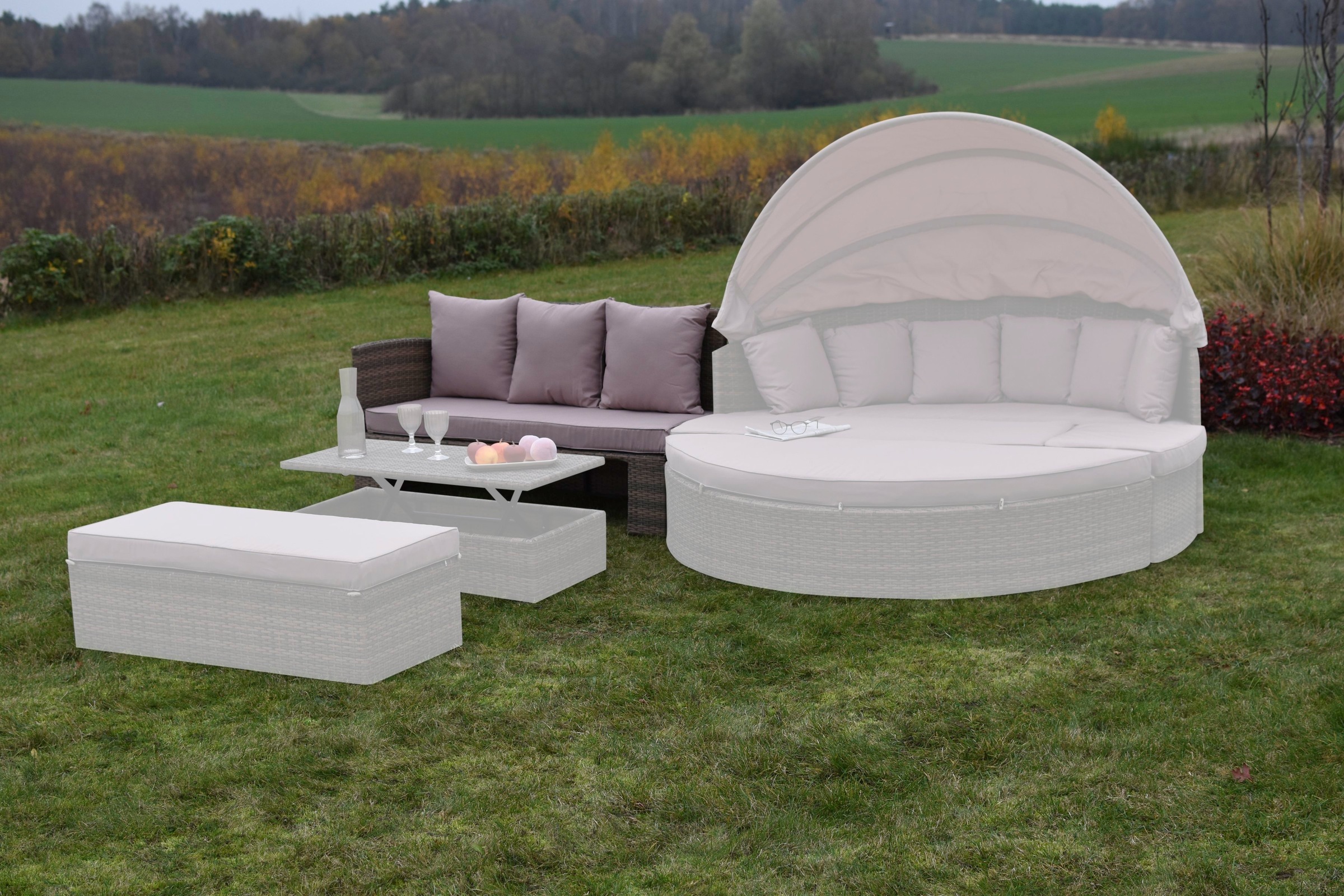 MERXX Garten-Essgruppe »Riva Erweiterungsset«, (8 tlg.), 2 Sitzbänke, inkl. Sitz-und Rückenkissen mit höhenverstellbarem Tisch