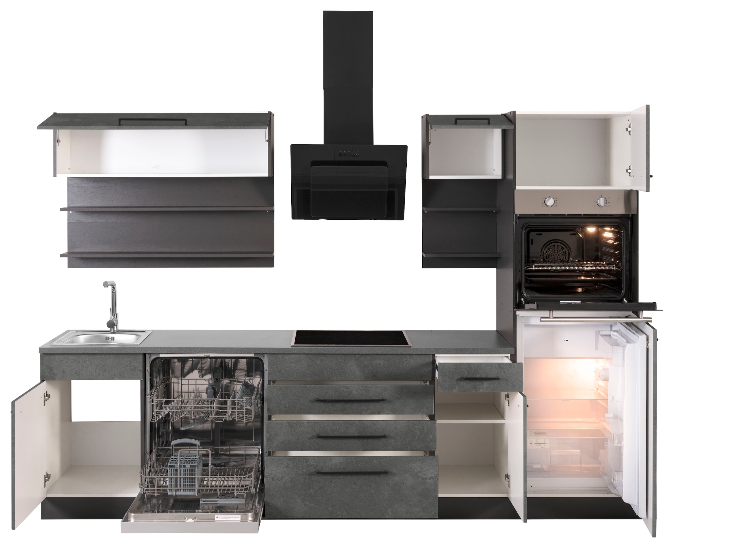 KOCHSTATION Küchenzeile »KS-Tulsa«, ohne E-Geräte, Breite 290 cm, schwarze Metallgriffe, MDF Fronten
