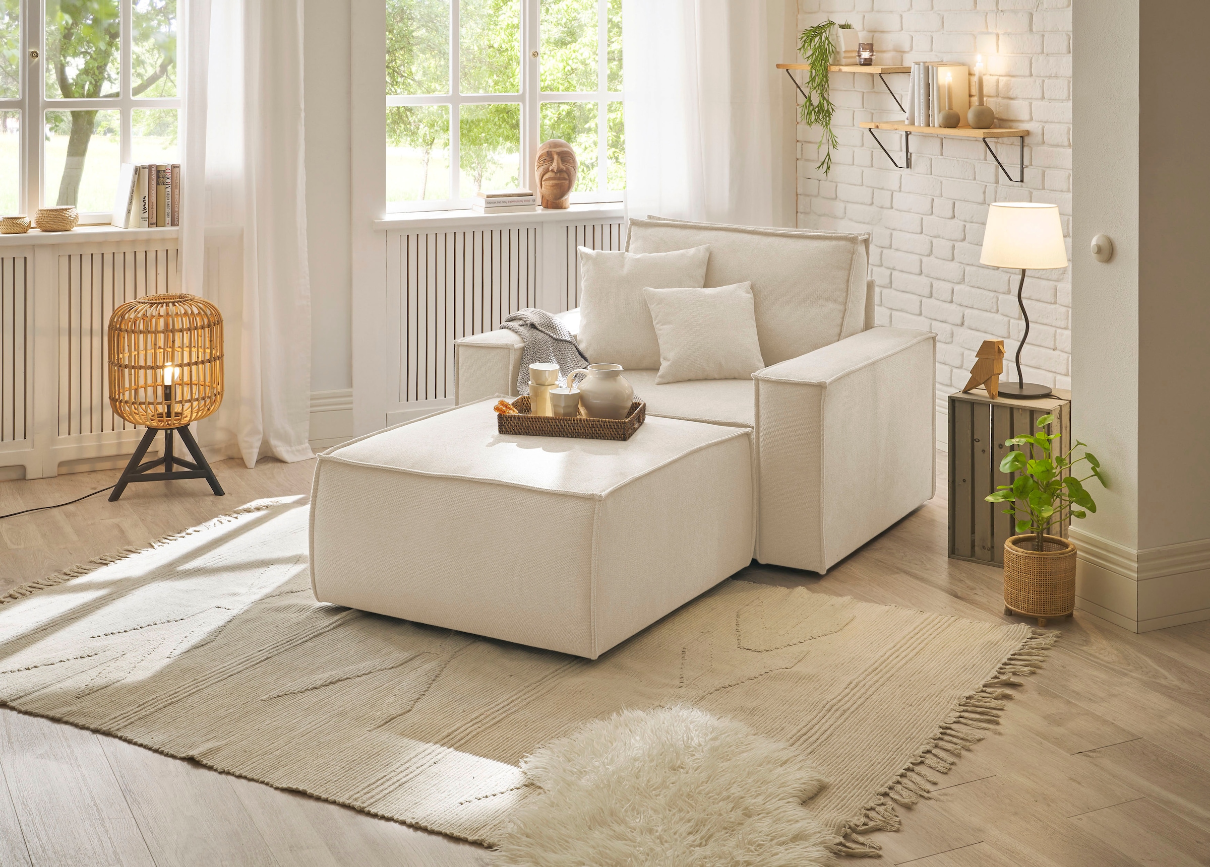 OTTO home Loveseat »FINNLEY Struktur fein, Loveseat & Hocker im Set, inkl. Zierkissen« 2 Stk. tlg. verfügbar in den Stoffqualitäten Bouclé, Struktur fein und Mega Cord