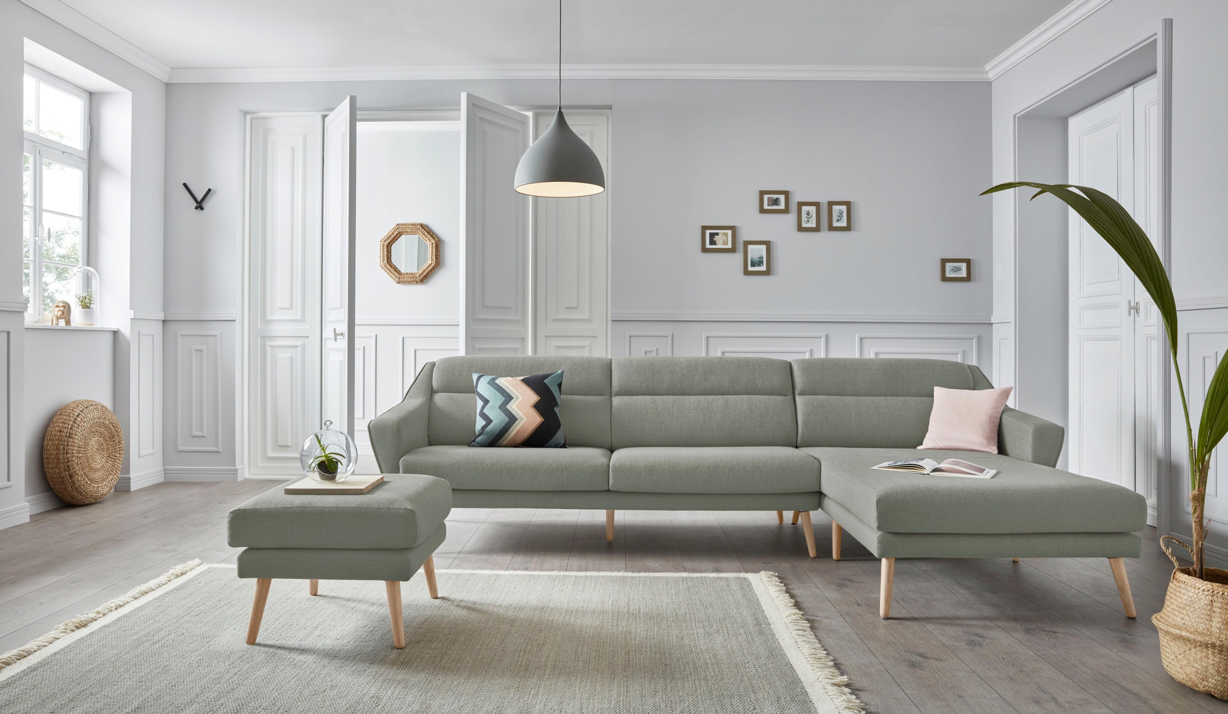 OTTO home Ecksofa »Bille L-Form« mit Naht im Rückenkissen und Beinen aus Eichenholz