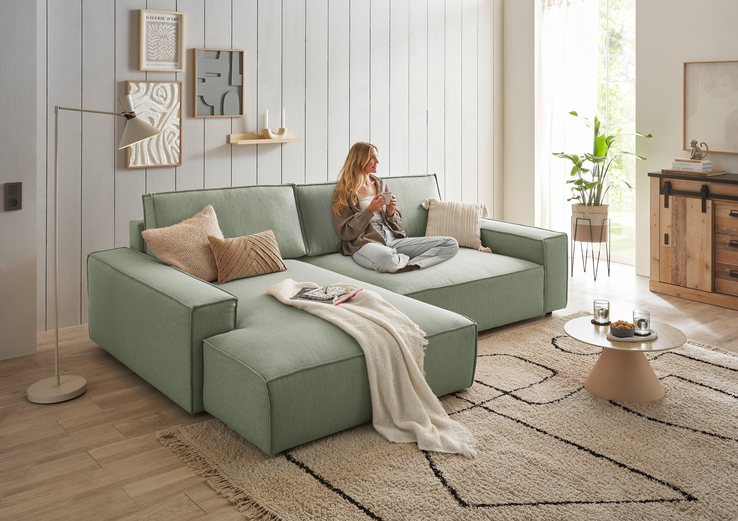 Home affaire Ecksofa »NEU: SHERWOODL XXL 284, Big-Sofa L-Form, tiefe Sitzfläche 95 cm, Cord,«, Leinenoptik, Recamiere rechts/links, auch als Schlafsofa stellbar