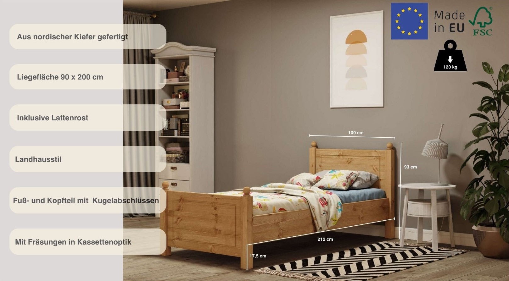 OTTO home Massivholzbett »Mila, hohe Belastbarkeit Jugendbett,! FSC® zertifiziertes Massivholz« Breite/Belastbarkeit 180cm/220 KG, 140cm/180 KG, 90cm/=120 KG,  aus massiver Kiefer, inklusive Lattenrost