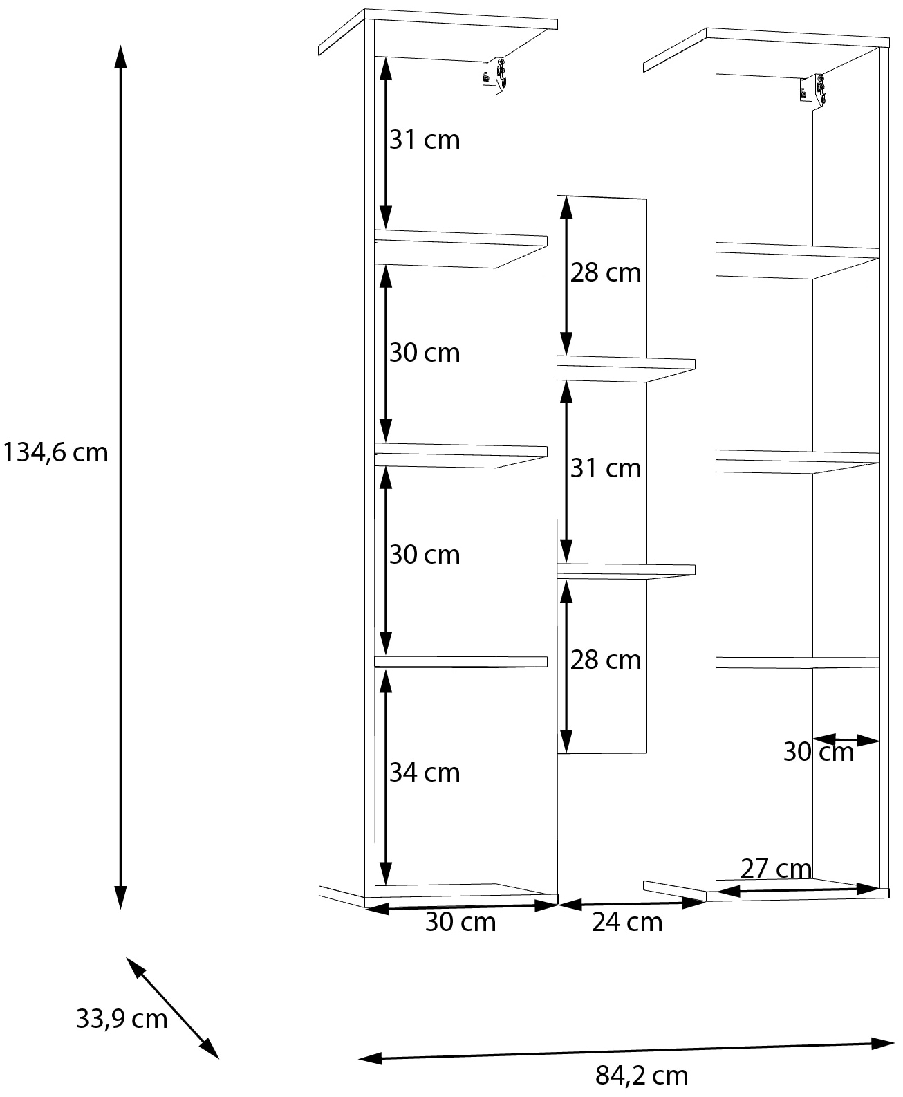 FORTE Hängevitrine B/H/T 84,2/134,6/33,9 cm Soft Close, Wandmontage