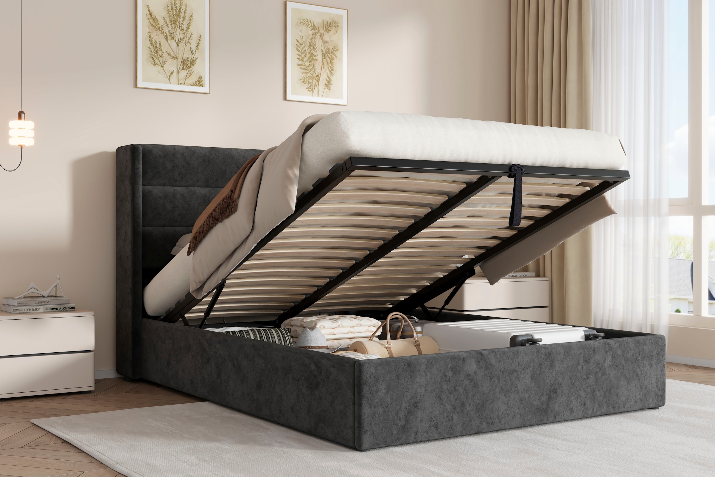 OTTO home Polsterbett »ROMMINA, Polsterbett mit Bettkasten in den Breiten 140cm & 180cm« Samtweicher Chenille-Bezug