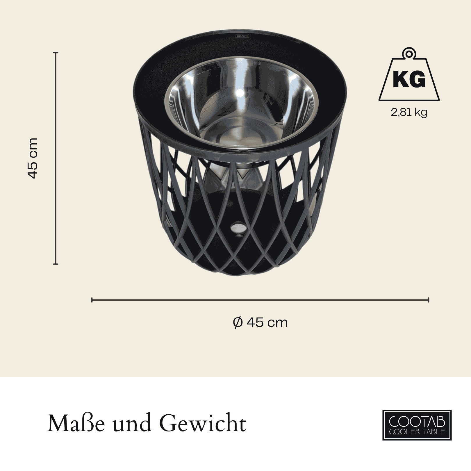 COOTAB Cooler Table Beistelltisch »4-in-1 Loungetisch mit Edelstahl-Kühler Dubai 45 cm schwarz« 1 Stk. tlg. Wetterfest, Pflegeleicht, Hitzebeständig, Stapelbar
