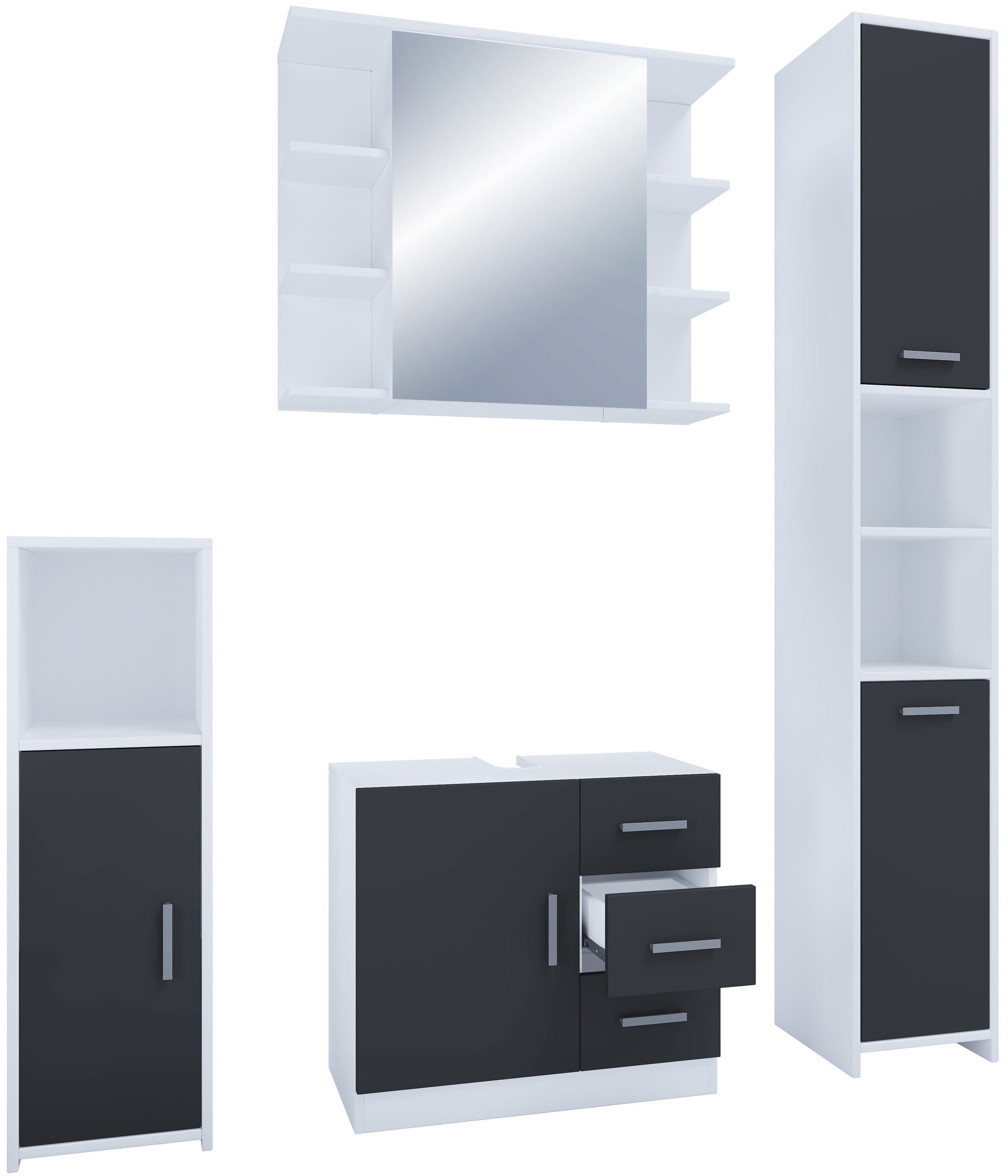 VCM Waschbeckenunterschrank »VCM 4-tlg. Badmöbelset | Badmöbel | Set aus Unterschrank, Midischrank, Hochschrank und Spiegelschrank | Badezimmermöbel - Zalo III«, (4 St.)