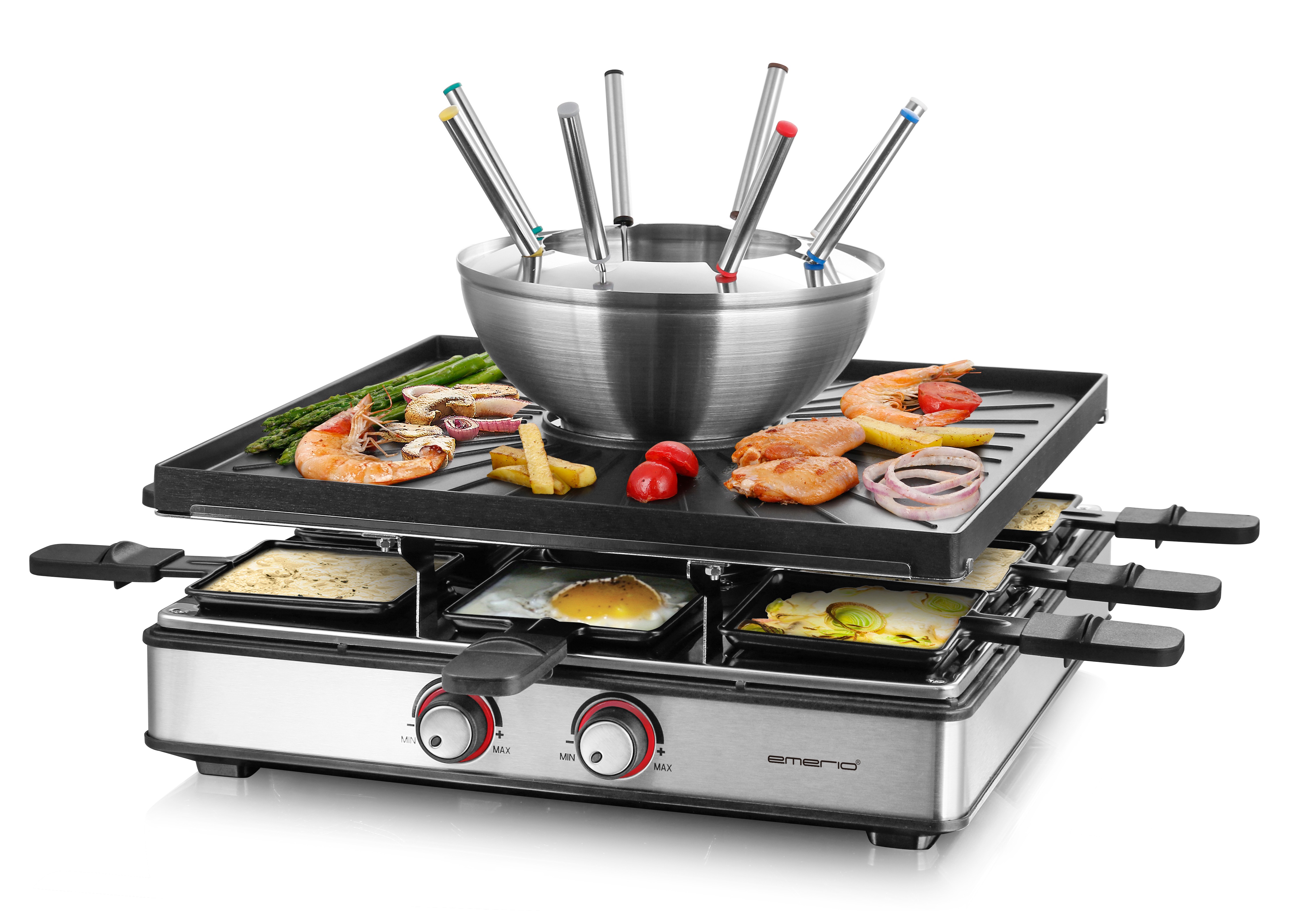 Emerio Raclette »RG-128187« 8 Stk. Raclettepfännchen 2.200 W 3in1 Raclette - Grill - Fondue in schwarz