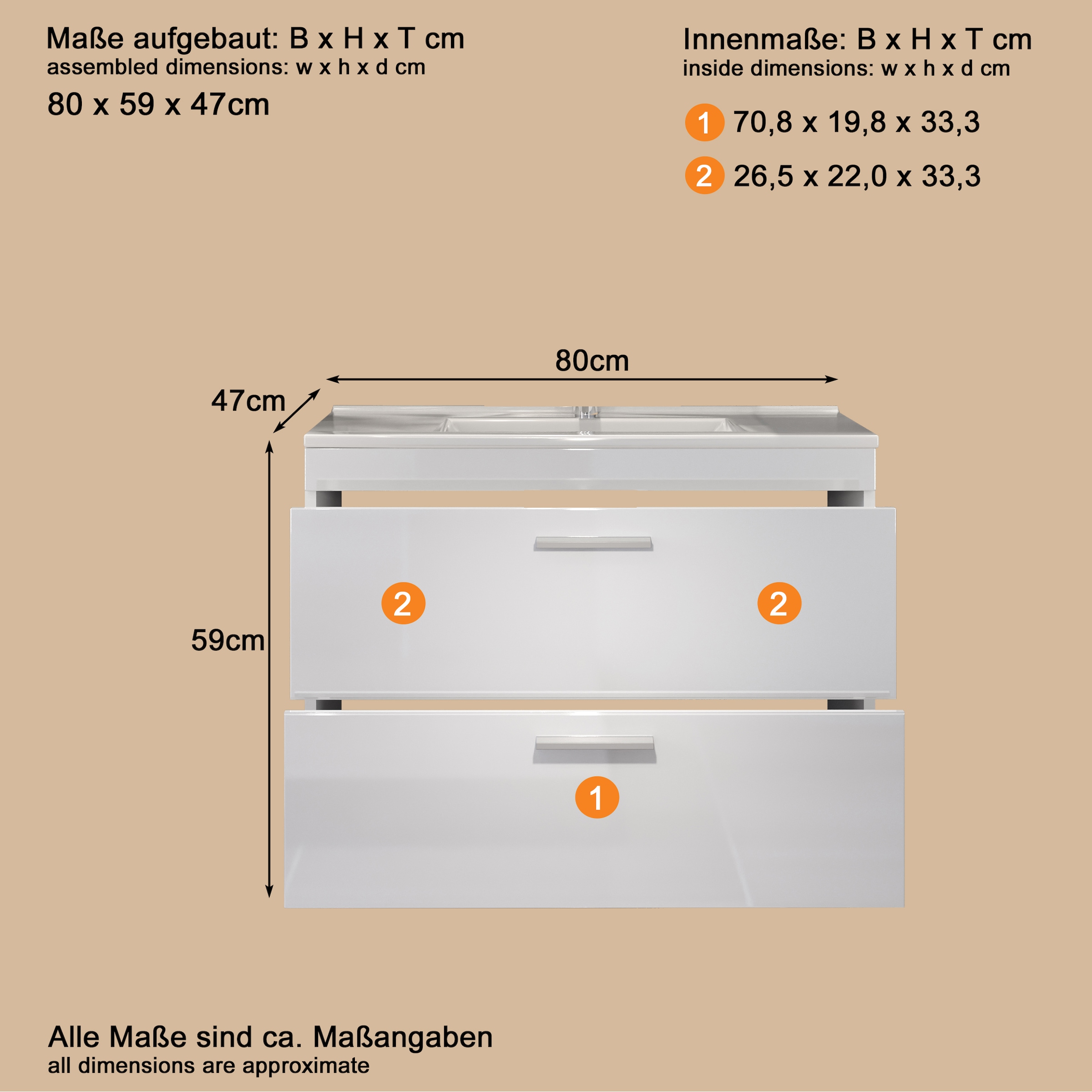 welltime Waschbeckenunterschrank »Dormoletto«, Hänge-Waschbeckenunterschrank m. Becken - (B/T/H) 81/47/59 cm
