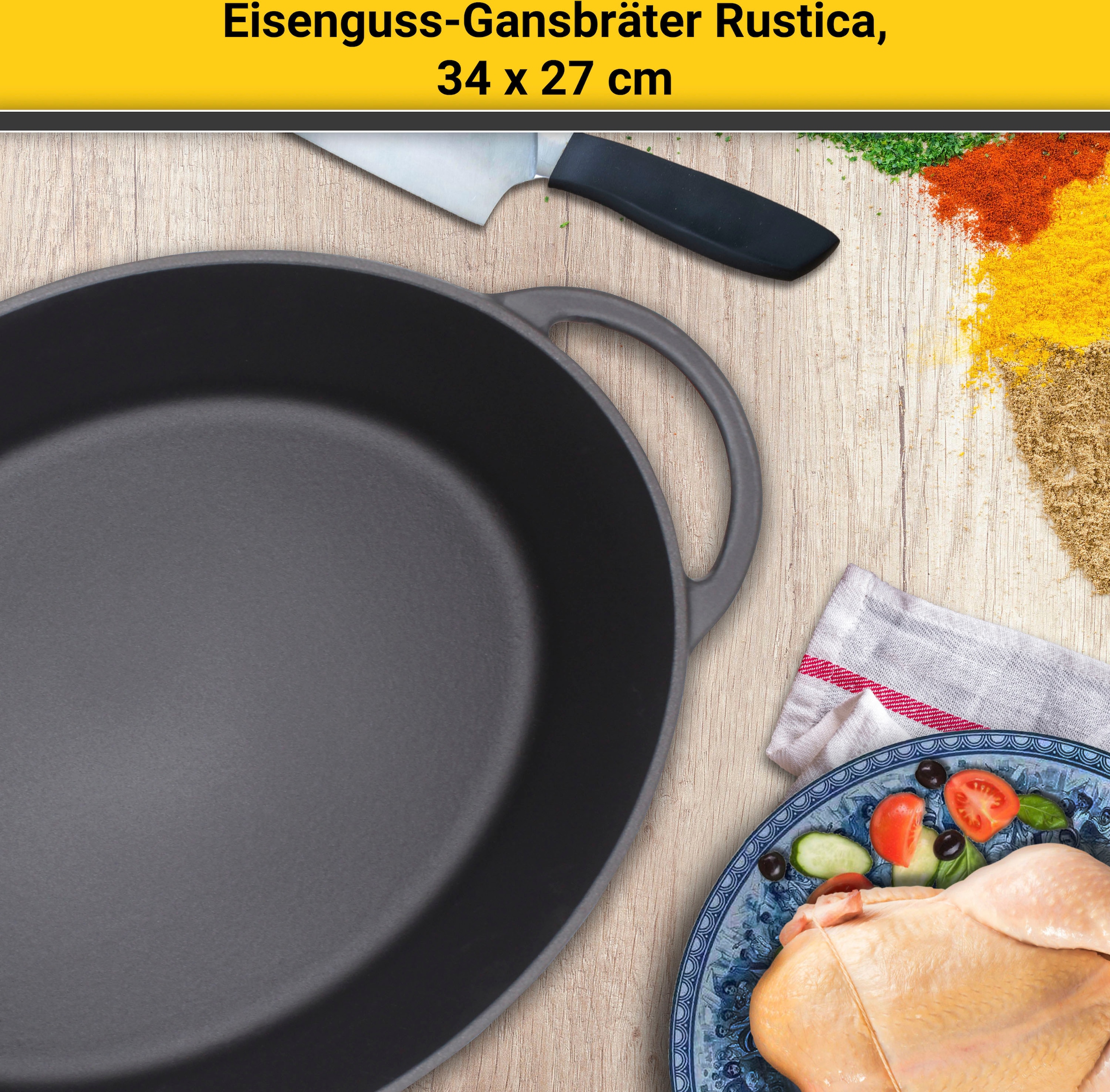 Krüger Bräter »Eisenguss Gansbräter mit Deckel RUSTICA, 34 x 27 x 12,5 cm«, Gusseisen, (1 tlg.), für Induktions-Kochfelder geeignet