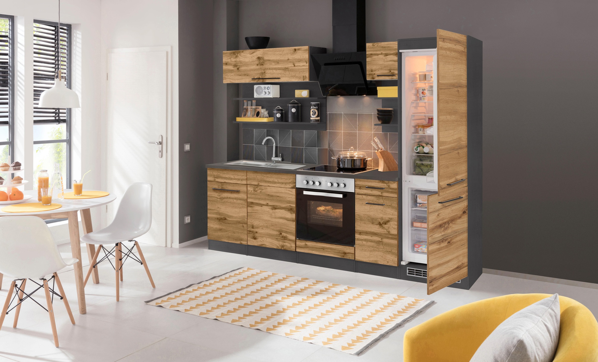 KOCHSTATION Küchenzeile »KS-Tulsa« ohne E-Geräte, Breite 270 cm, schwarze Metallgriffe, MDF Fronten