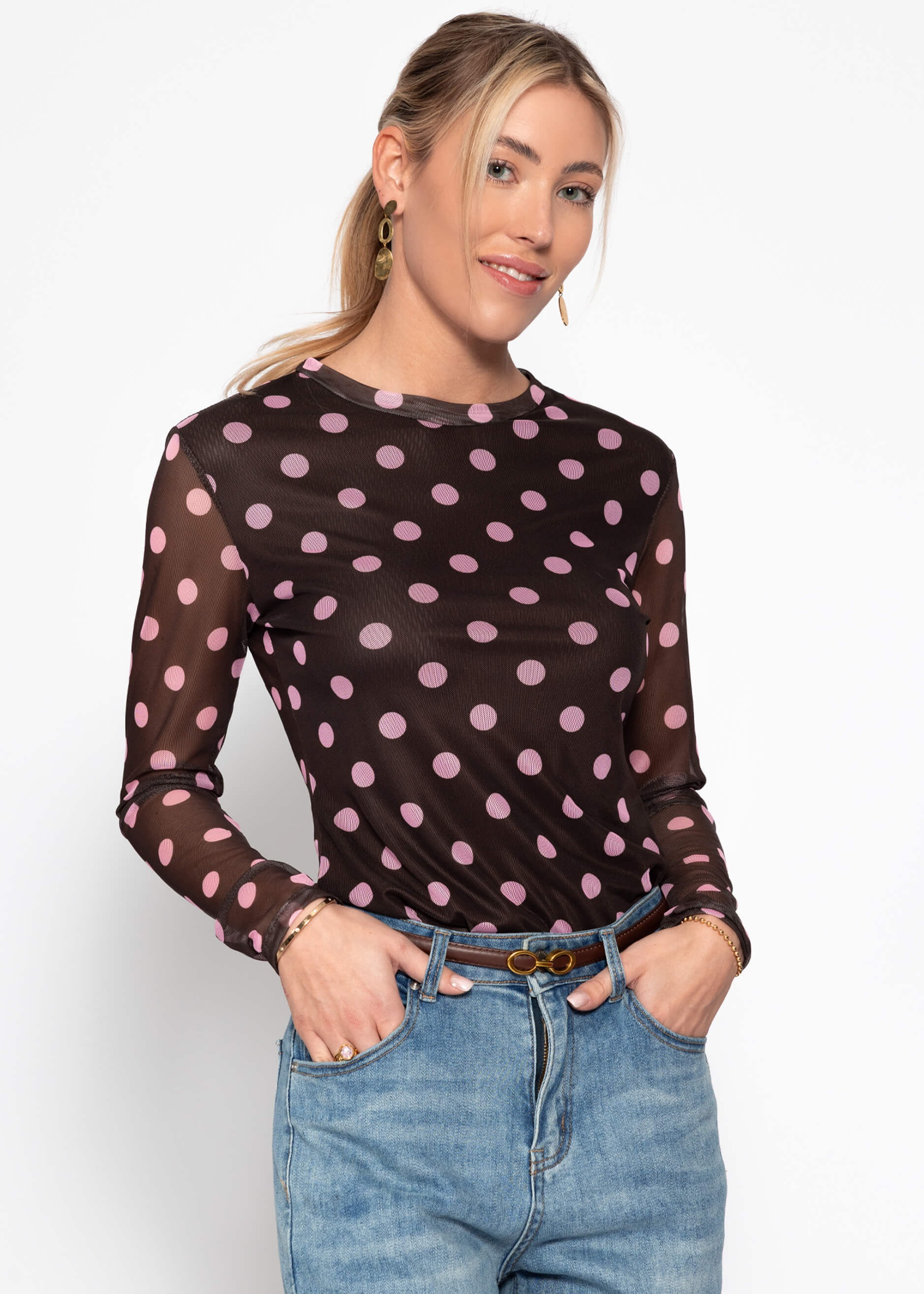 SASSYCLASSY Langarmshirt »Mesh Langarmshirt mit großen Punkten« Leichtes Shirt mit gefütterter Vorderseite und Rundhalsausschnitt