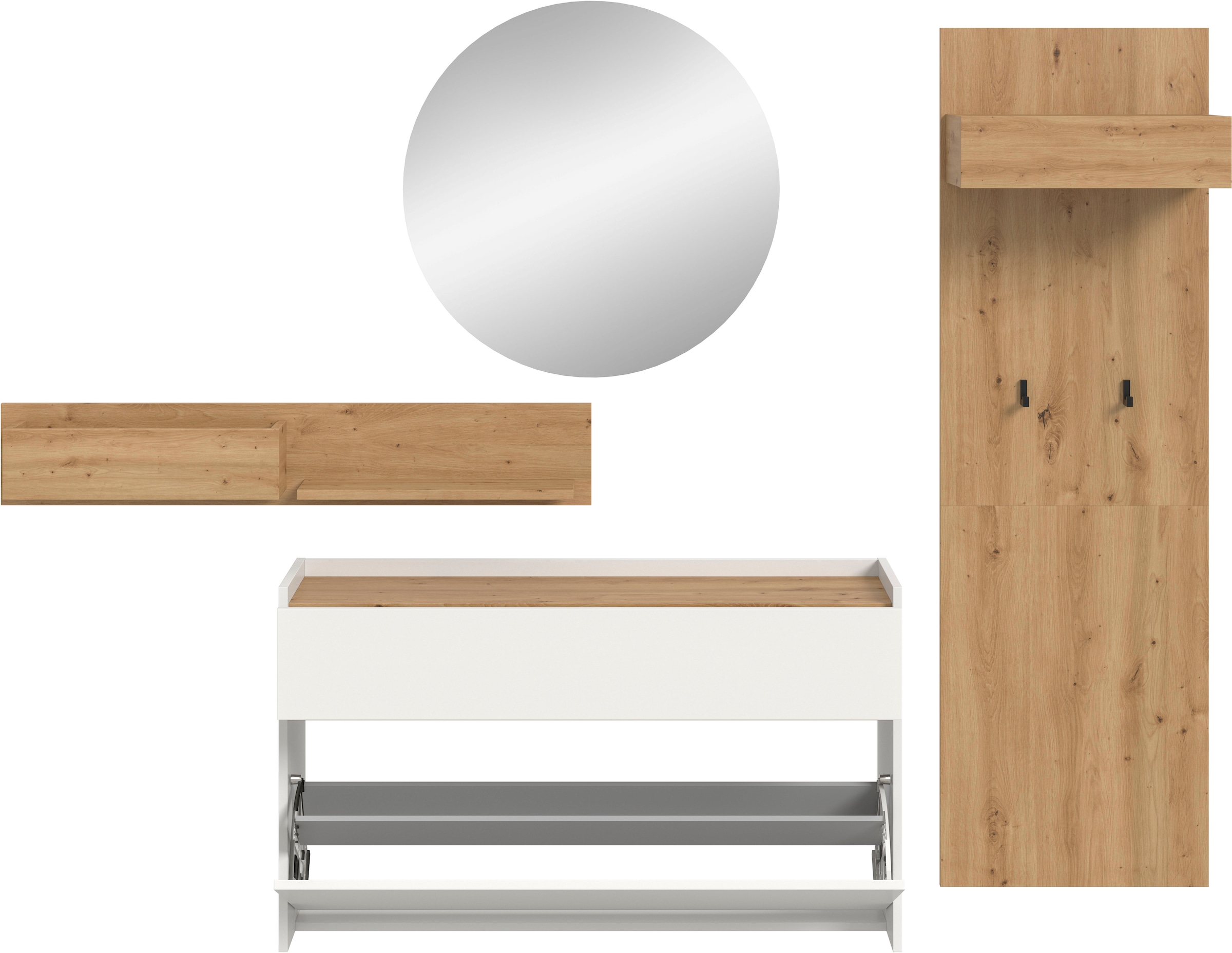 INOSIGN Garderoben-Set »EVRID, 4-teilig, Breite 205 cm, individuell hängbar & erweiterbar« best. aus: Wandboard, Kommode, Spiegel, Garderobenpaneel, 4 Stk. tlg.