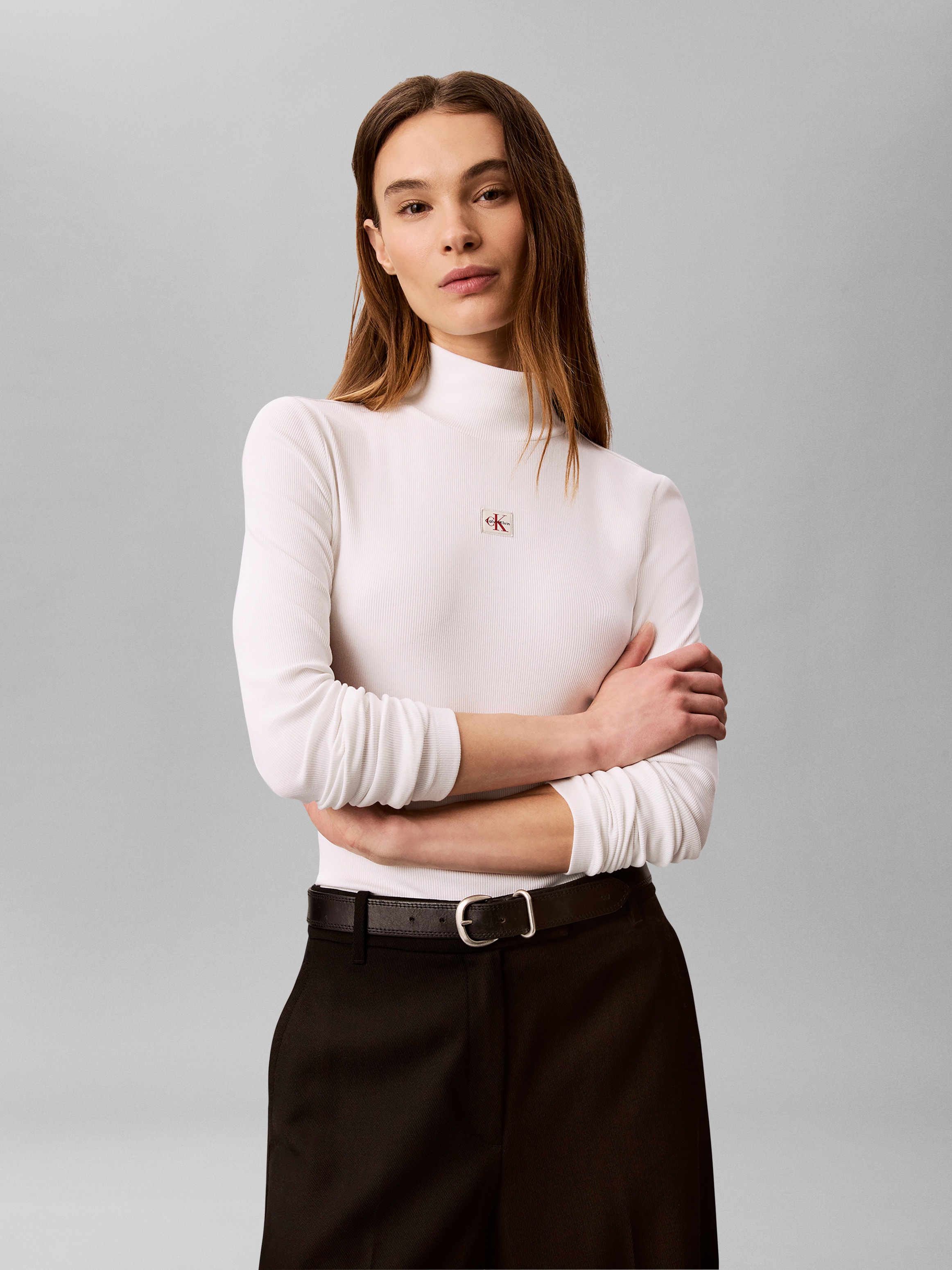 Calvin Klein Jeans Shirttop »LS WOVEN LABEL TURTLENECK« Mit Rundhalsausschnitt, regular fit