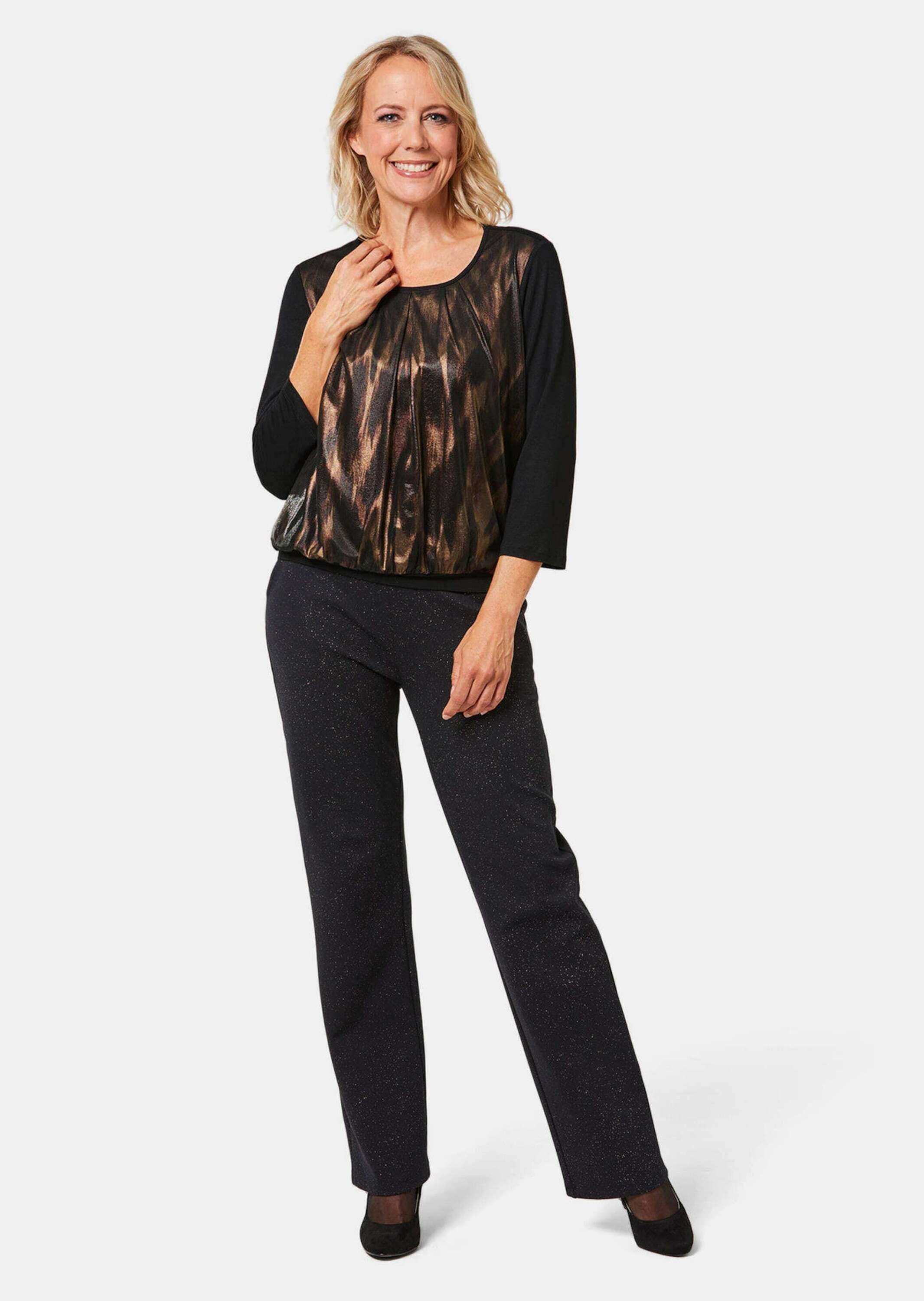 GOLDNER Kurzarmbluse »Kurzgröße Stretch-Blusenshirt mit Glanz-Druck«