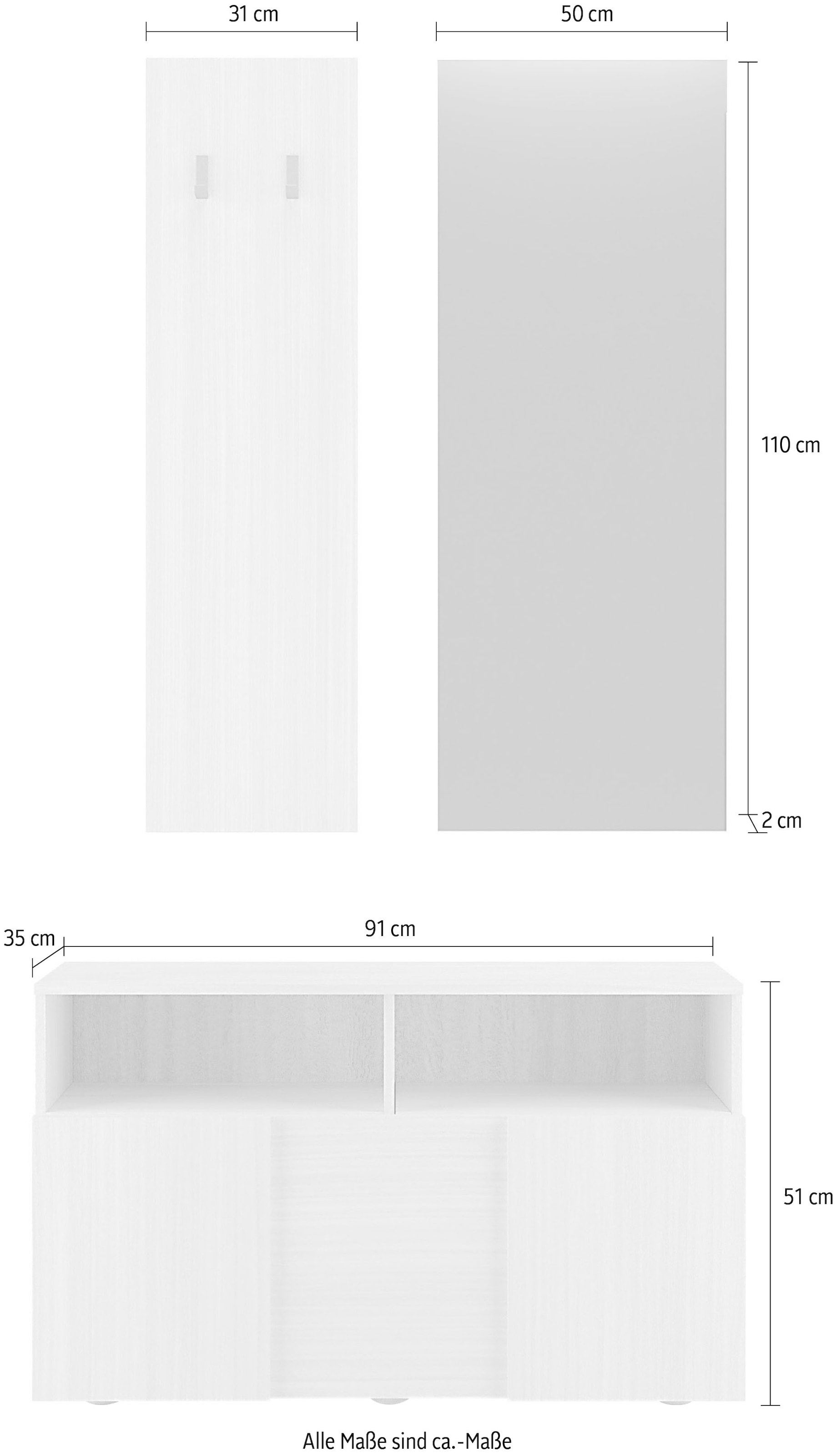 INOSIGN Garderoben-Set »Dama 3tlg. Breite 91 cm, Höhe 187 cm, Front in 3D-Optik,«, (3 St.), (Schuhbank, Garderobenpaneel, Spiegel) Eucalipto