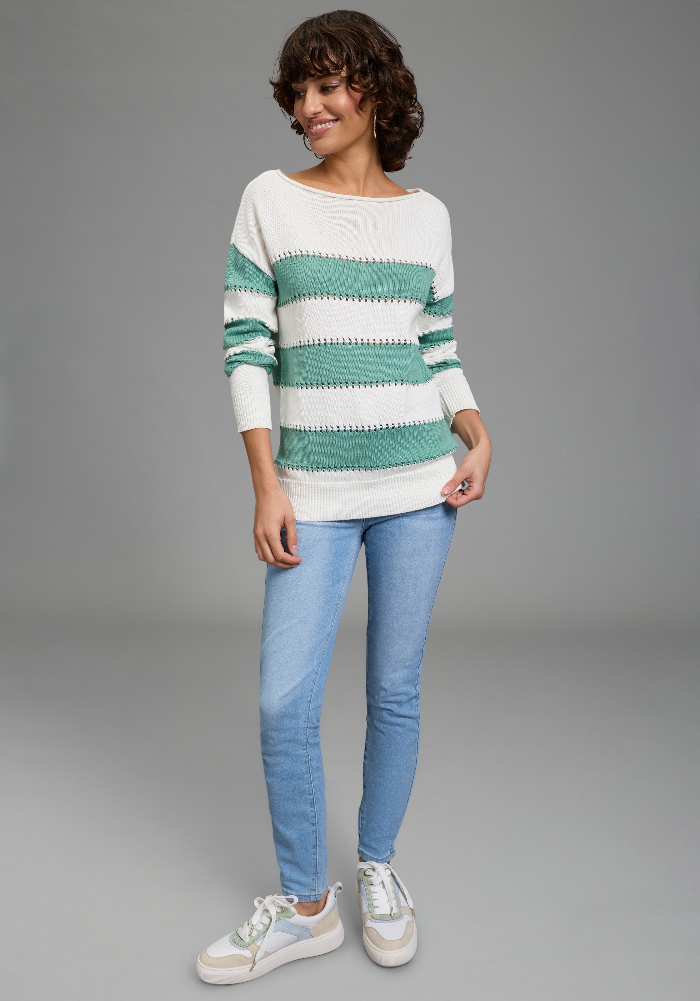 Laura Scott Streifenpullover leichter Sommerpullover mit modernem Lochmuster