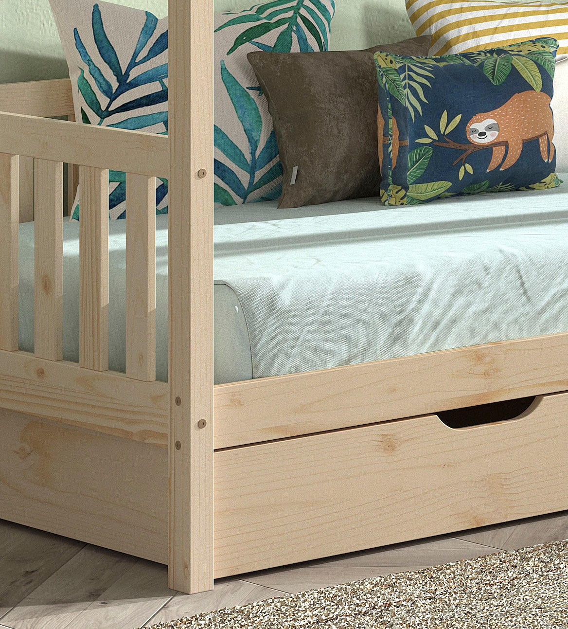 Vipack Hausbett »Cabane, mit Dachaufbau, Bettschublade auf Rollen u. Sprossenumrandung«, (B/H/T ca. 208x169x98 cm) aus massiver Eiche, Oberfläche Natur), sehr stabil und standfest gebaut inkl. Massivholz Rolllattenrost