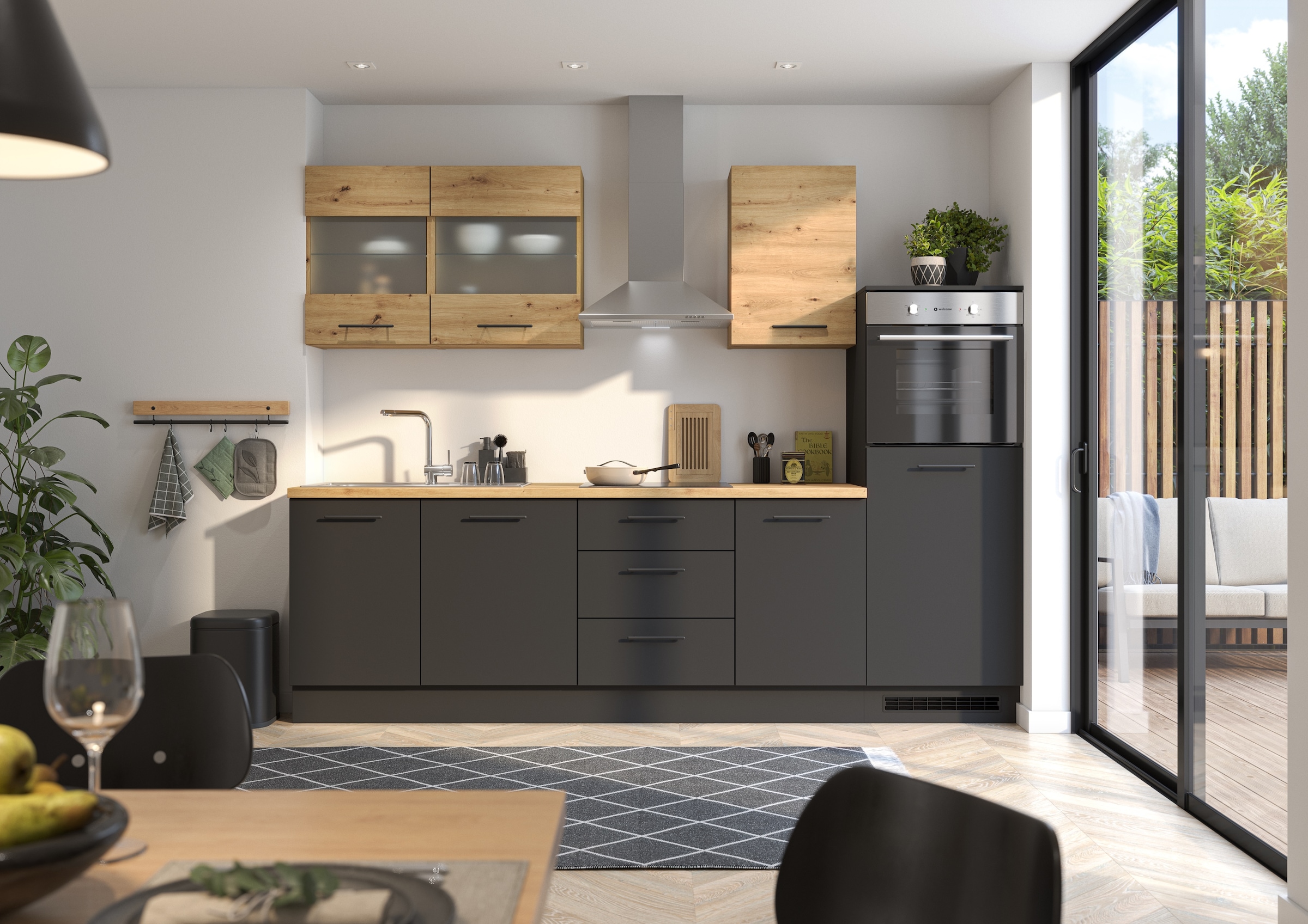 BASIC by Balculina Küchenzeile »Capri B/T/H 280x60x218 cm« Breite 280 cm, wahlweise mit edelstahlfb. oder schwarzen E-Geräten