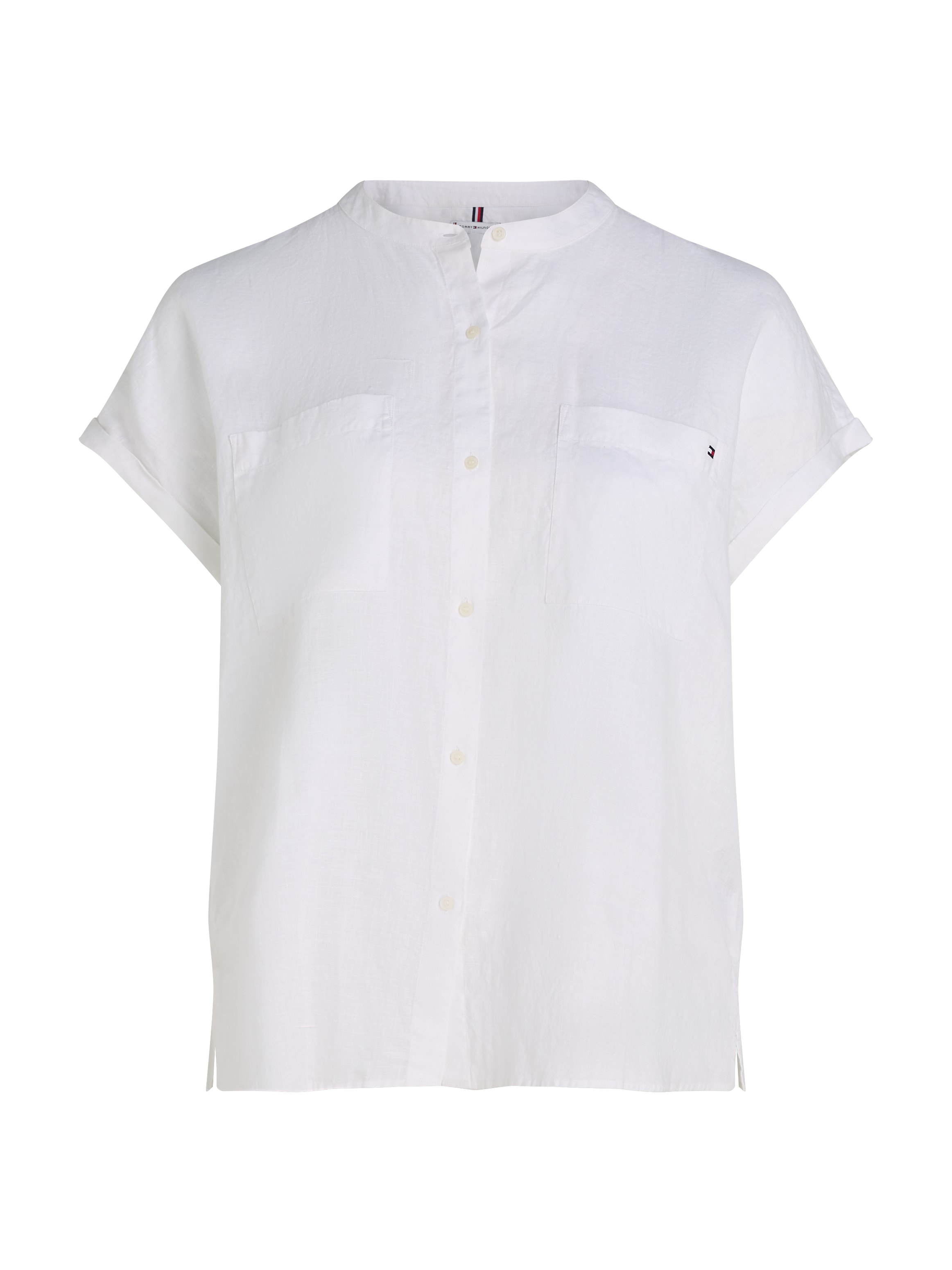 Tommy Hilfiger Curve Klassische Bluse »CRV ESS LI COLLARLESS S/S BLOUSE«, in Großen Größen, Leinenqualität, Logostickerei