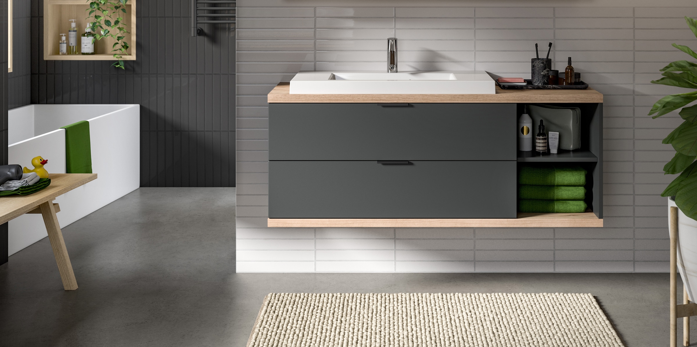 welltime Waschtisch »Sencillo, Waschbeckenunterschrank inkl. Mineralguss Waschbecken« Set, 1 Stk. tlg. Sencillo, Waschbeckenunterschrank,2 Schubladen, 2 offene Fächer