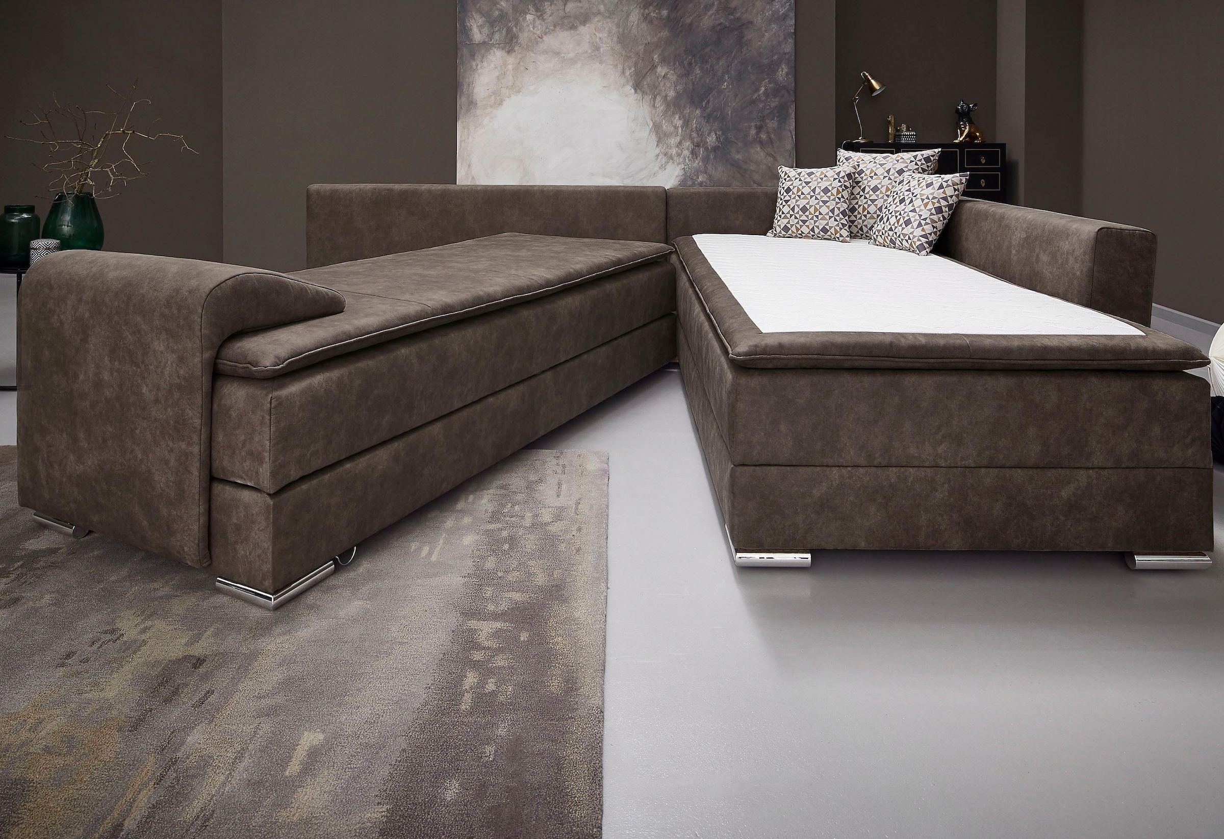 INOSIGN Ecksofa »Boxspringbett Night & Day L-Form mit Dauer-Schlaffunktion mit Armlehne«, mit Boxspring-Bettfunktion 180x200 cm und Bettkasten, Dauerschläfer!