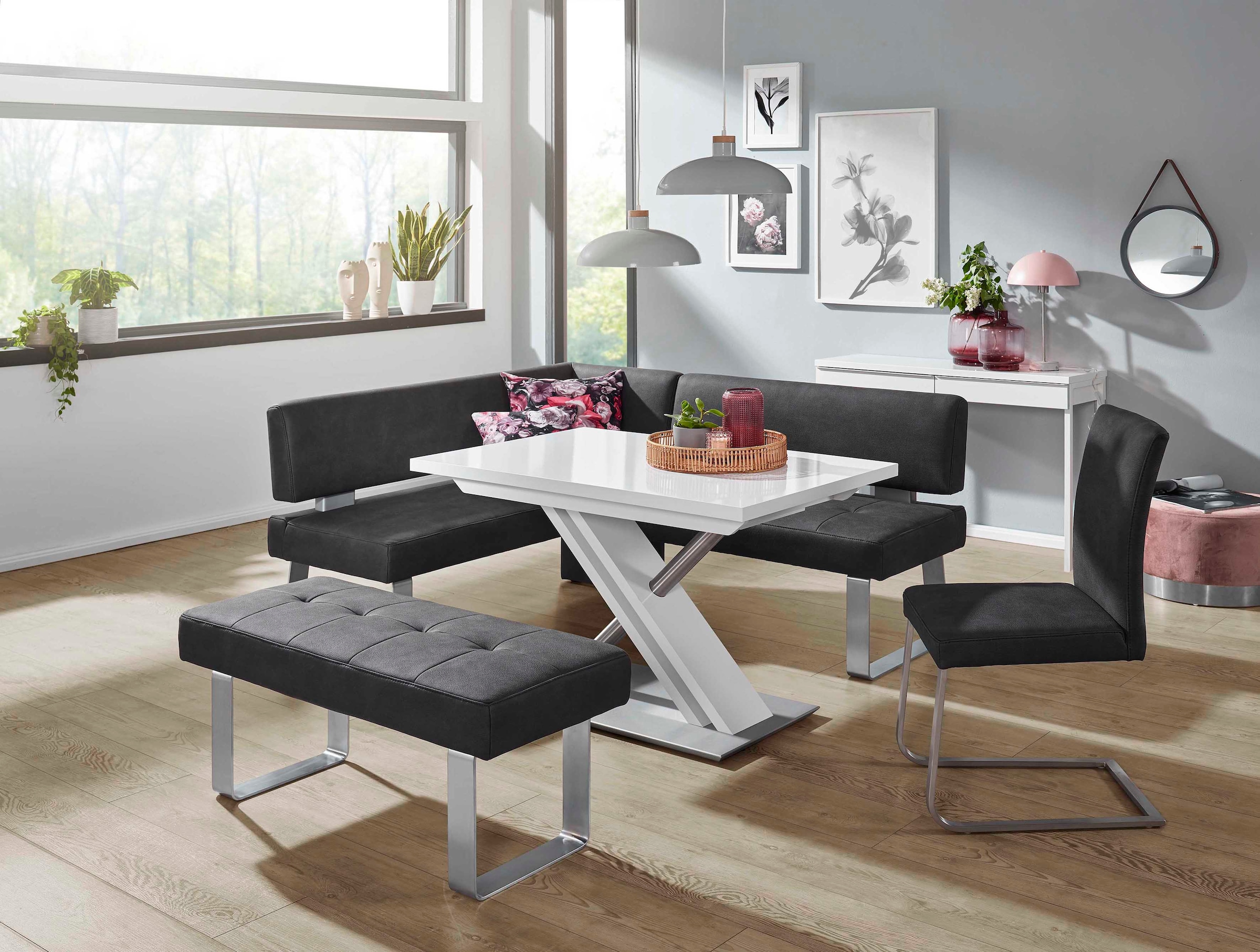K+W Komfort & Wohnen Eckbankgruppe »Santos II«, (Set), Schenkel 180cm, Hockerbank, Freischwinger und Funktionstisch 120x80x75