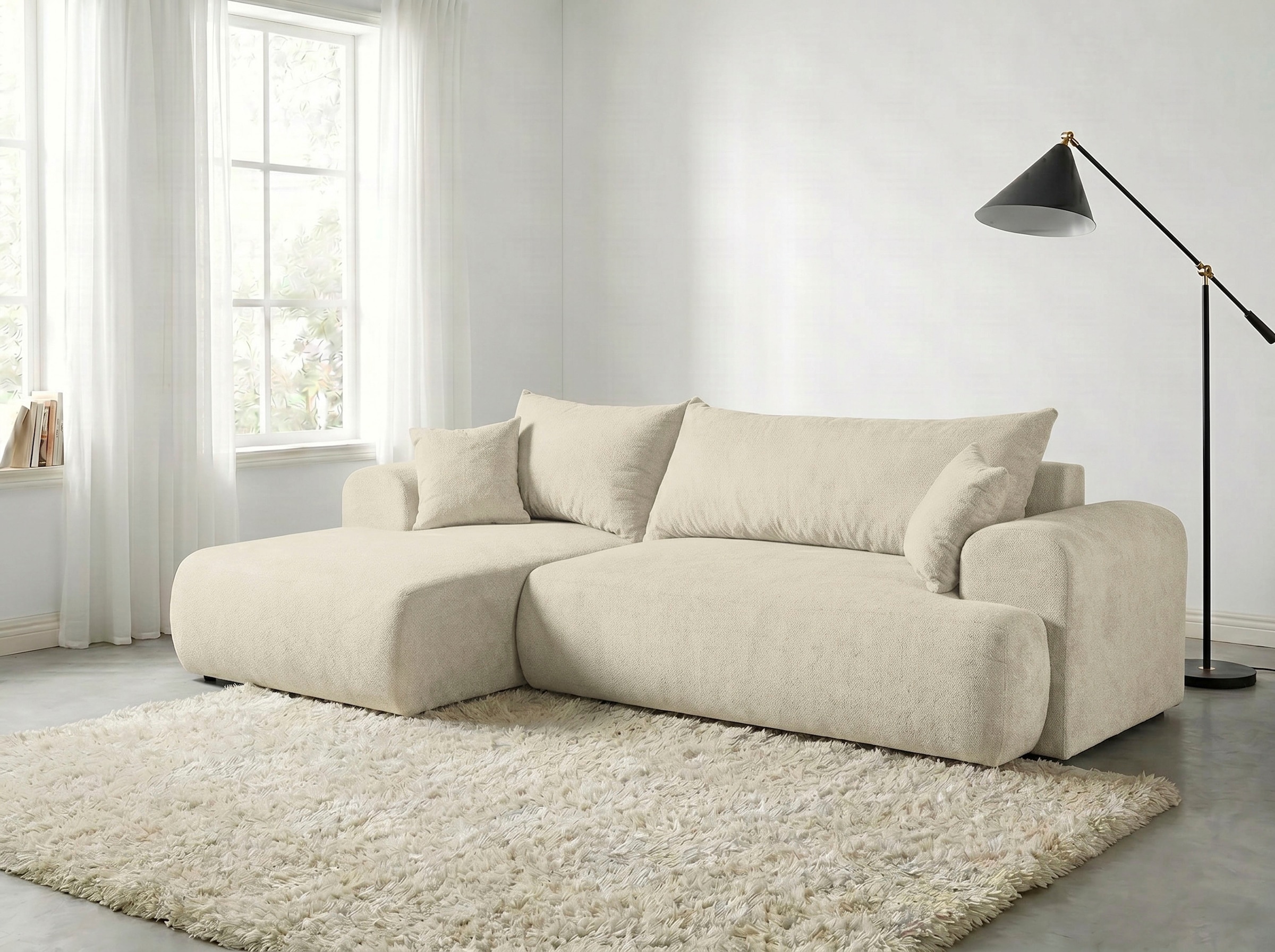 WERK2 Ecksofa »Ewela, modern, inkl. Bettfunktion & Bettkasten, bequem, Breite 265cm« moderner Boucle Bezug, Liegefläche 200/140cm