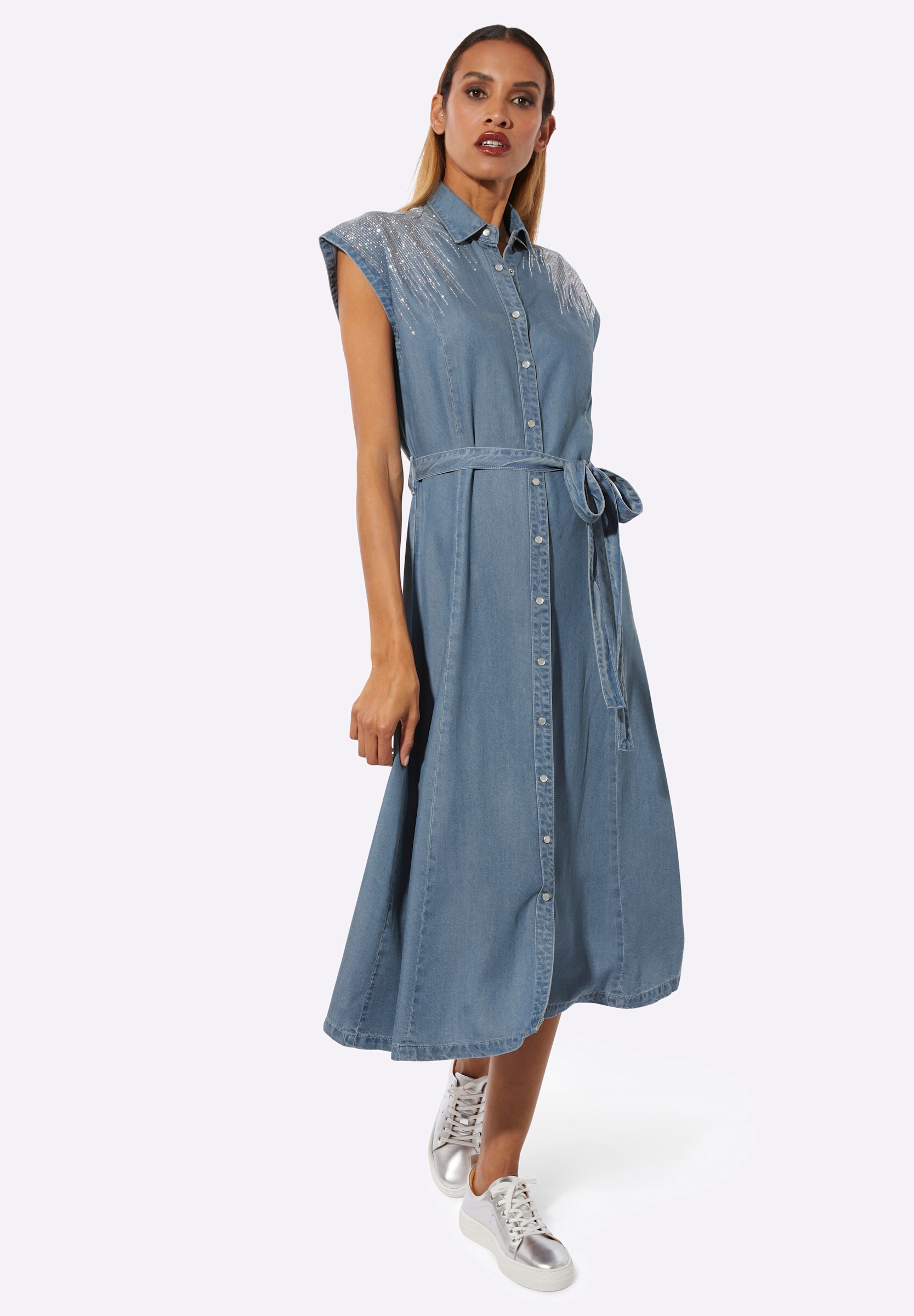 creation L Jeanskleid »Lyocell-Jeans-Kleid Jeanskleid mit Glitzersteinchen vorne und hinten« Ohne Taschen