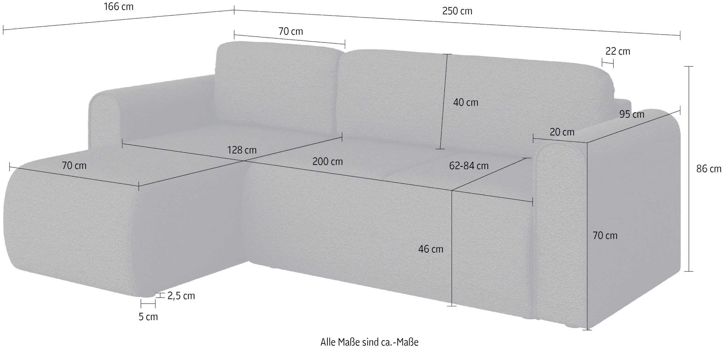 INOSIGN Ecksofa »Zacharia wahlweise Schlafsofa mit Bettkasten, B/T/H 250/166/86 cm«, L-Form mit Wellenunterfederung, Recamiere beidseitig montierbar