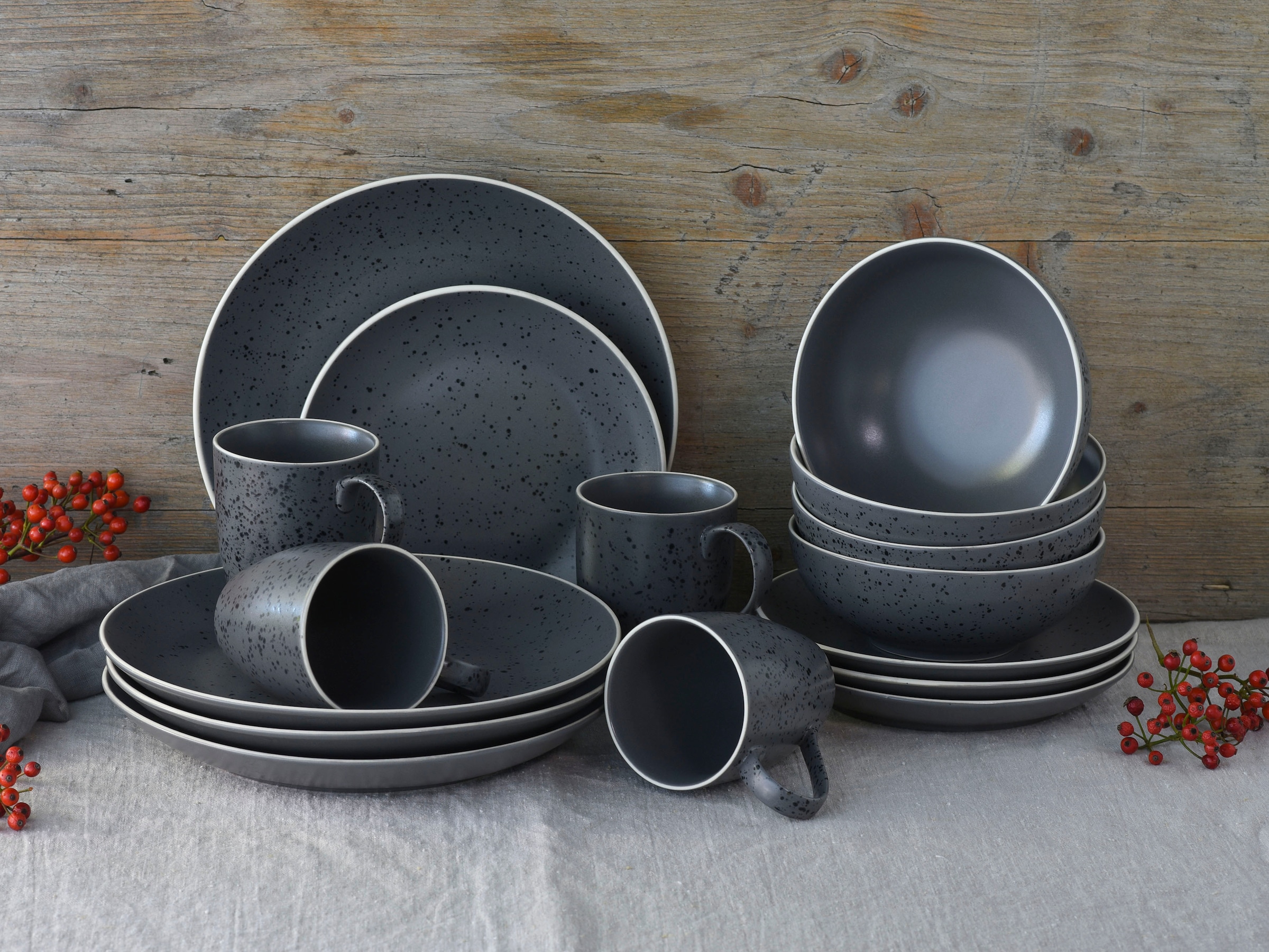 CreaTable Kombiservice »Geschirr-Set Industrial Chic«, (Set, 16 tlg., Kaffeeservice und Tafelservice im Set, für 4 Personen), Service, seidenmatte Sprenkelglasur, 16 Teile, für 4 Personen