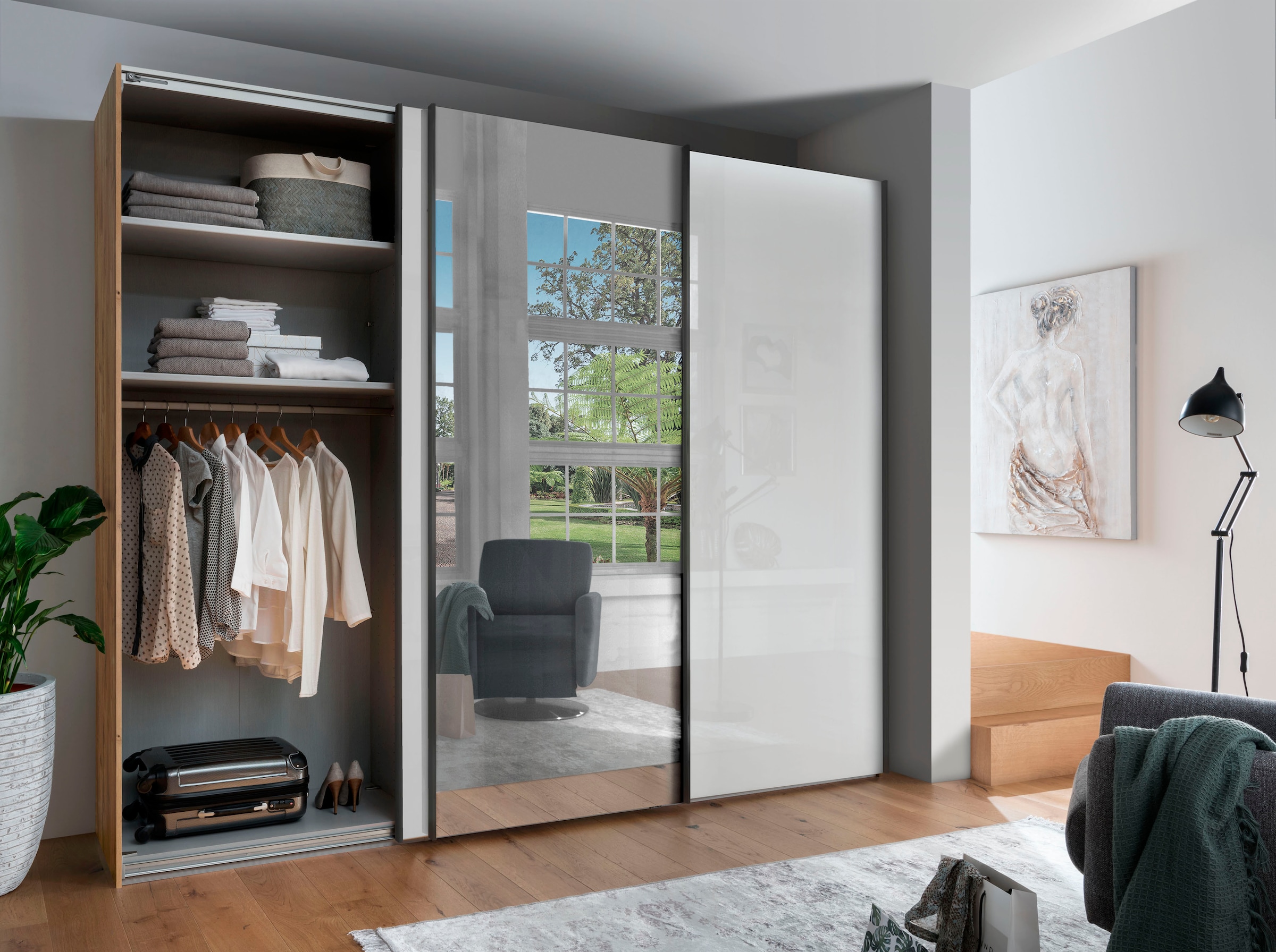 WIEMANN Schwebetürenschrank »Monaco, Kleiderschrank, Schrank, Wäscheschrank, mit Schiebetüren« 2 Breiten, 2 Höhen 216/236 cm auswählbar, MADE IN GERMANY,  hochwertige Glas- und Spiegelfront, variable Inneneinteilung