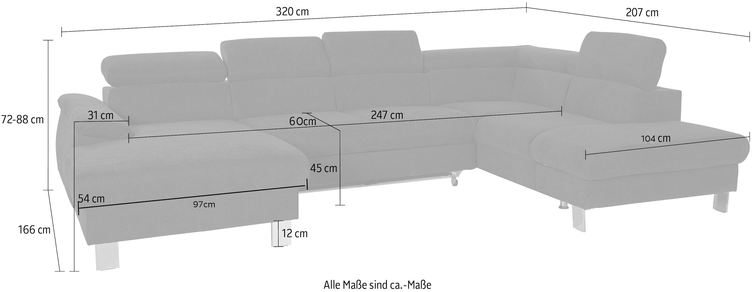 COTTA Wohnlandschaft »Komaris U-Form, in Echtleder Pampas Madras, B: 320 cm« mit Kopfteilverstellung, optional Schlaffunktion, Bettkasten & Licht