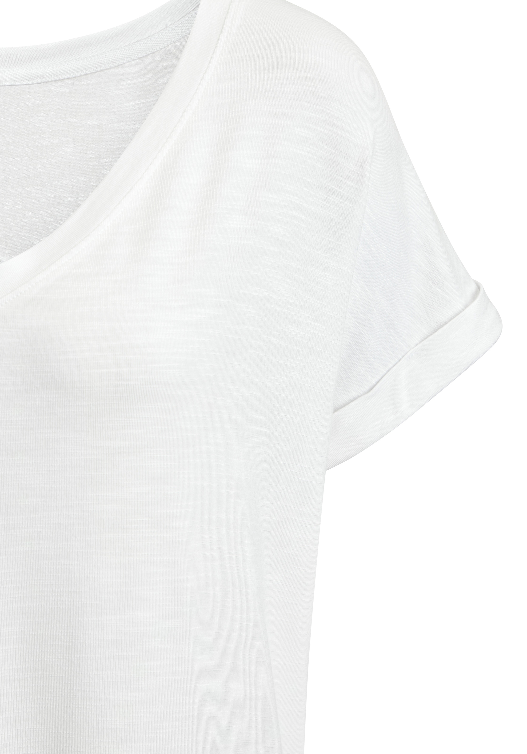 Beachtime by Lascana V-Shirt »mit fixiertem Ärmelumschlag« aus luftiger Viskose-Qualität