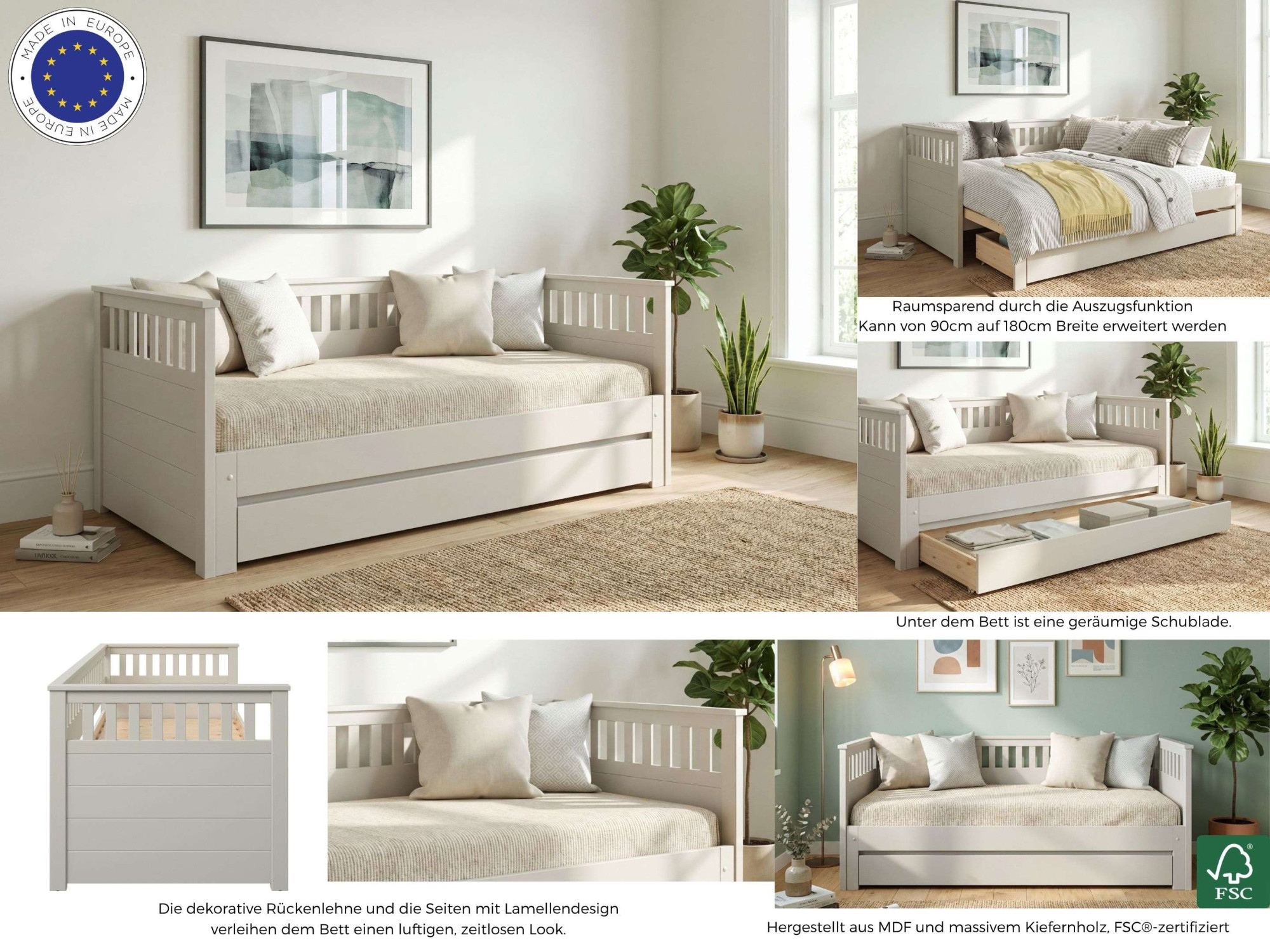 OTTO home Daybett »Morrick, ausziehbar, 2 Schlafplätze + Schublade, Cashmere Beige« massive Kiefer, schöne Sprossenoptik, Stauraum, Skandi Look