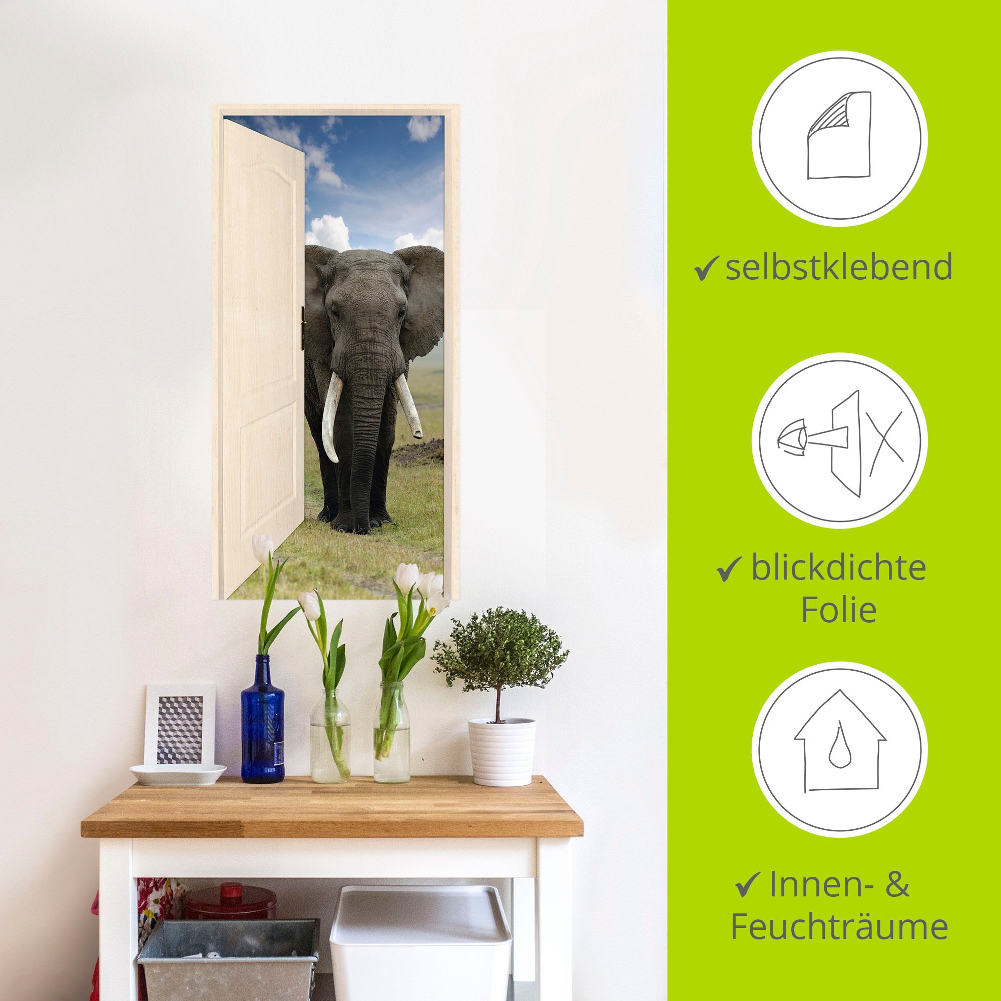Artland Wandbild »Offene weiße Türe mit Blick auf Elefant«, Wildtiere, (1 St.), als Leinwandbild, Poster, Wandaufkleber in verschied. Größen