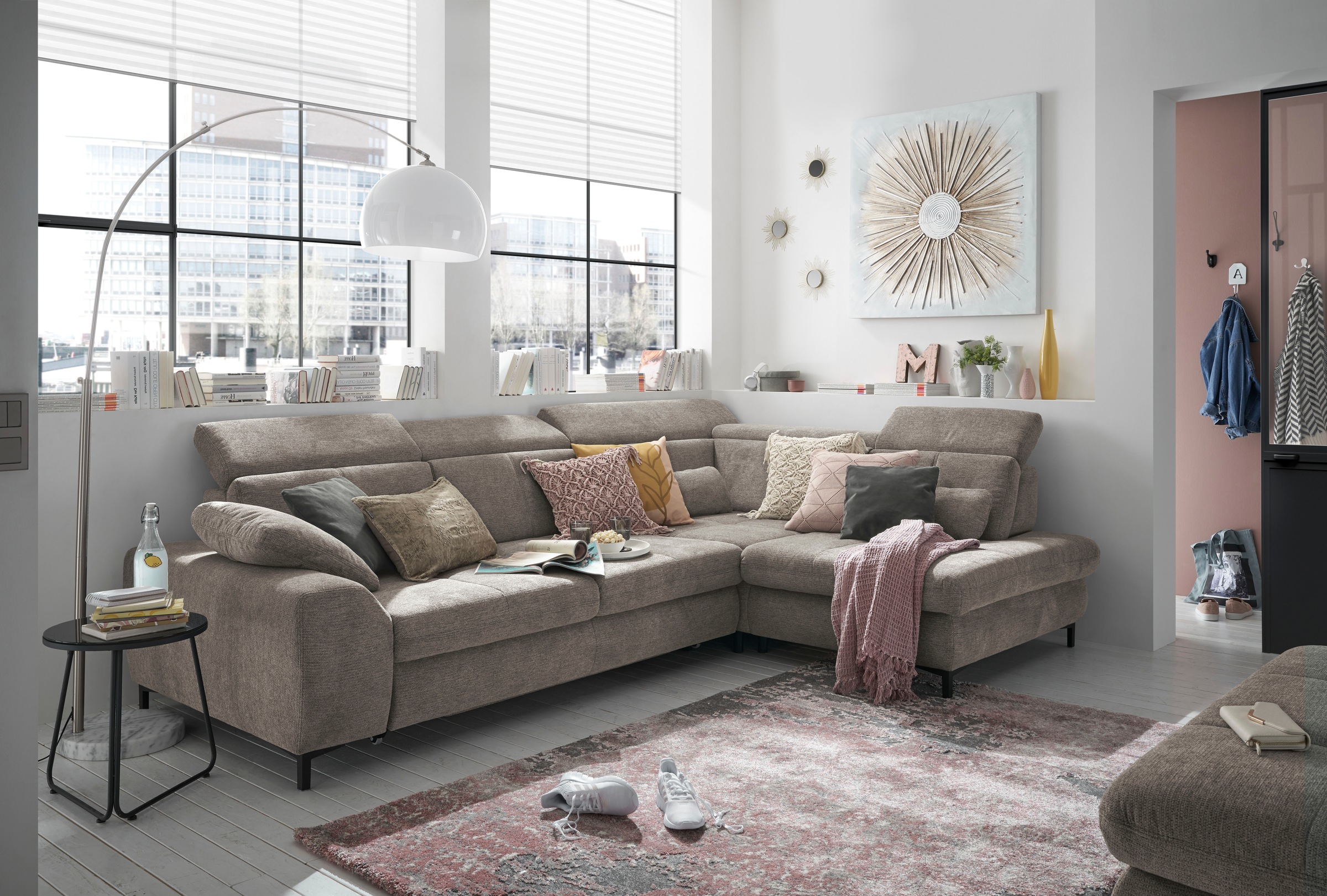 set one by Musterring Ecksofa »SO 3400 Sitzhöhe 47cm oder 49cm, Sitztiefe verstellbar, B/T 317/220 cm«, Kaltschaumpolsterung, Flachgewebe, whlw. mit Funktionen, Sitzhöhe 47