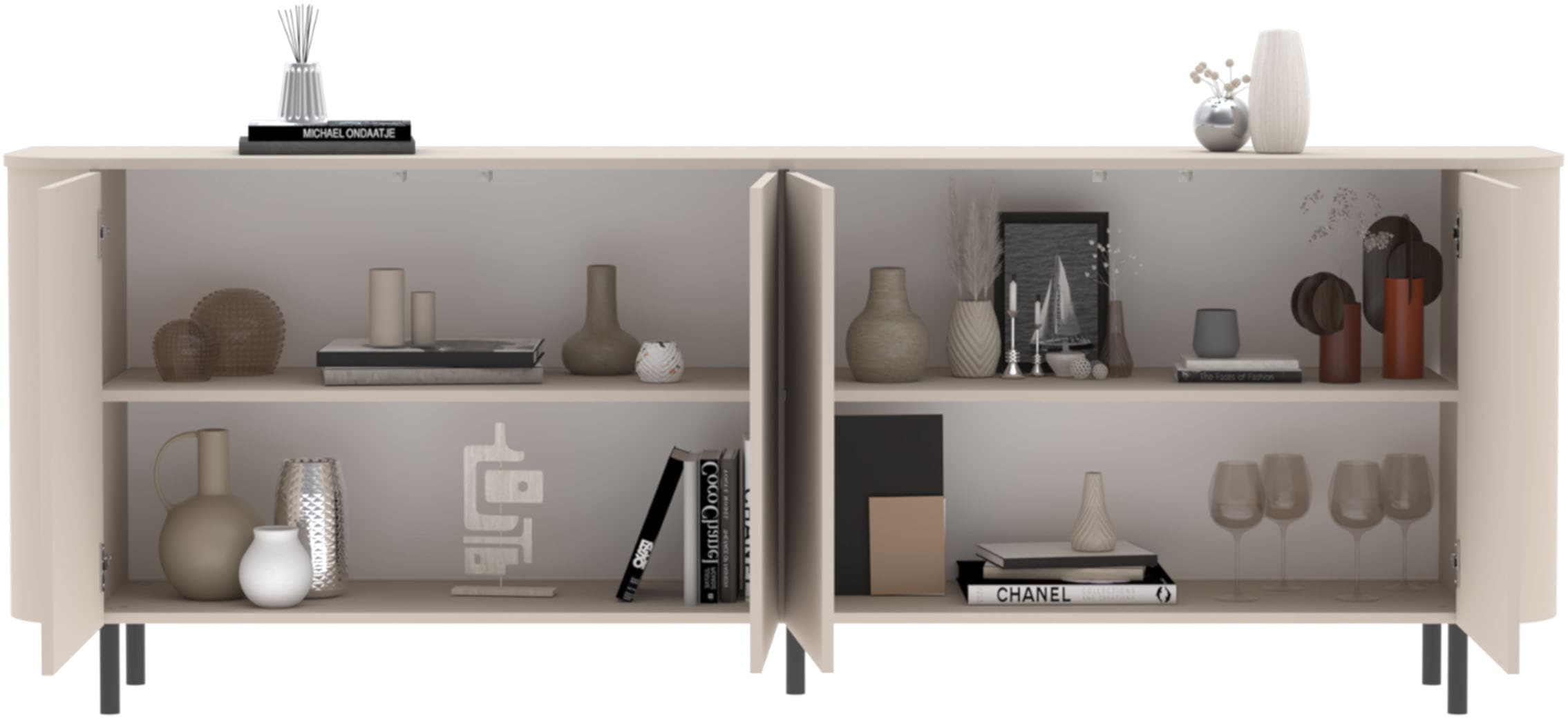 INOSIGN Sideboard »Lido, 231 cm breit, 4 Türen, Anrichte, Kommode, Stauraumschrank« Formgebogenes MDF, Stirnseiten mit Rundung, Push-to-open, Metallfüße