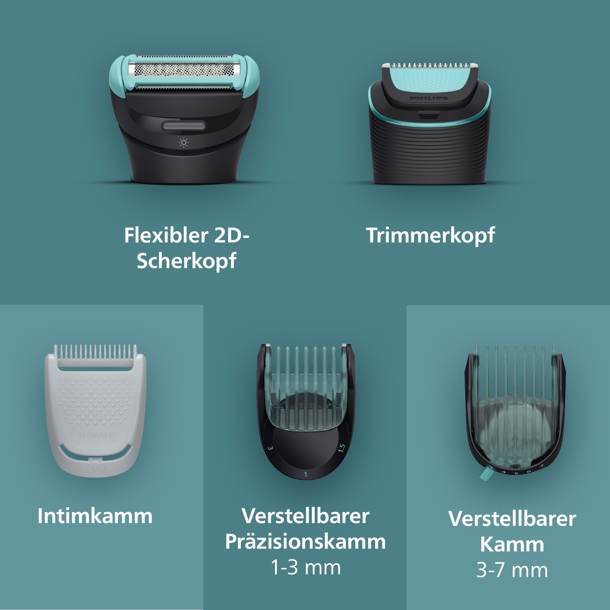 Philips Elektrokörperrasierer »Serie 7000 BG7470/15«, 4 St. Aufsätze, mit flexiblem 2D-Scherkopf, Präzisionskamm, inkl. Reiseetui