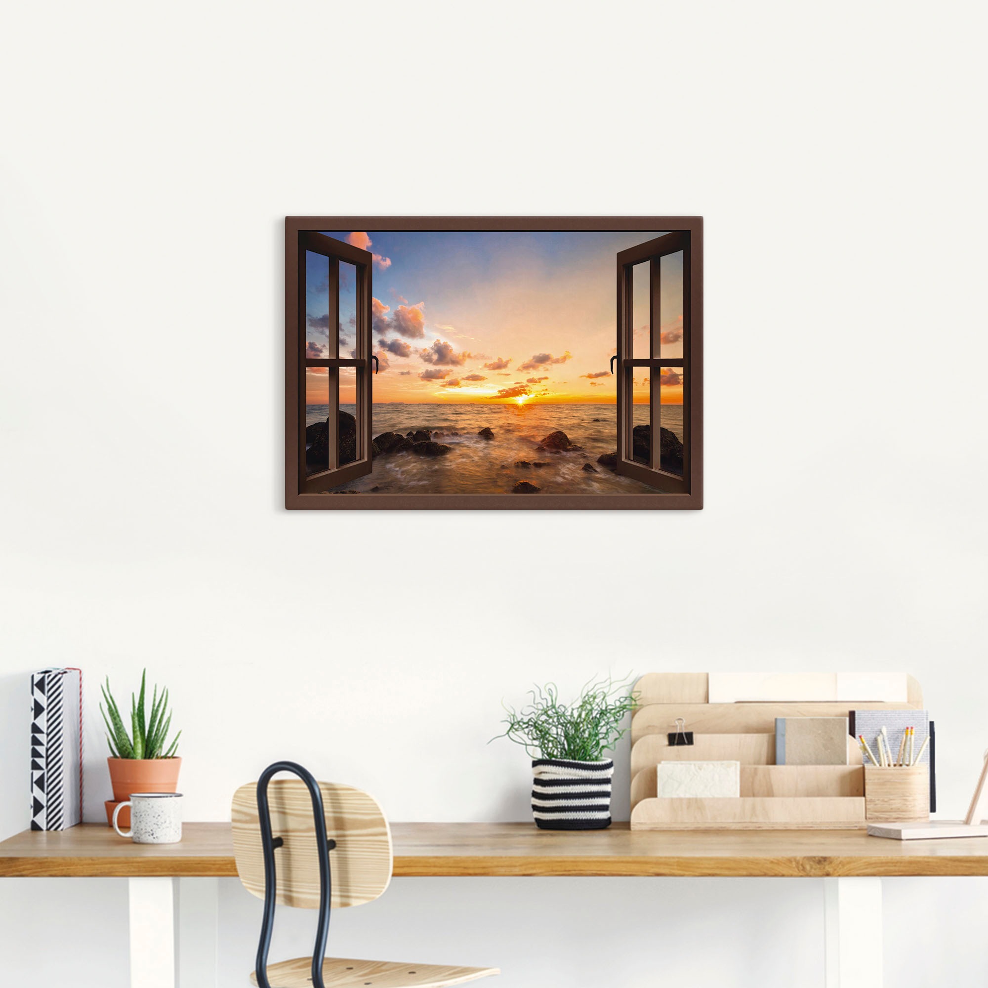 Artland Wandbild »Fensterblick Sonnenuntergang am Meer« Fensterblick 1 Stk. tlg. als Alubild, Leinwandbild in verschied. Größen